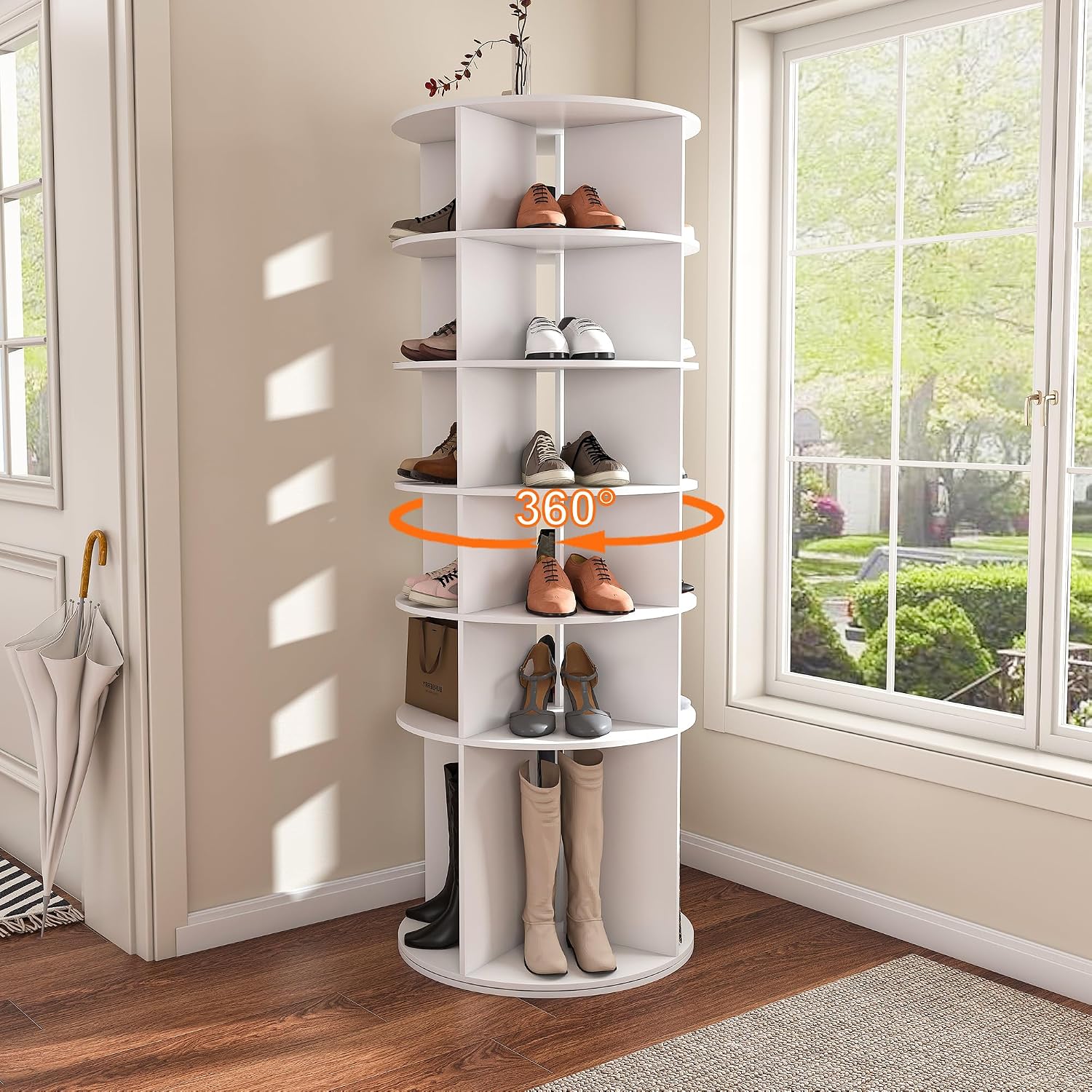 7-Tire Round Rotating Shoe Rack,360°Spinning Shoe Display,Shoe Organizer Spinning Tower Ideal for Bedroom, Living Room, White Ships Within 24 Hours
