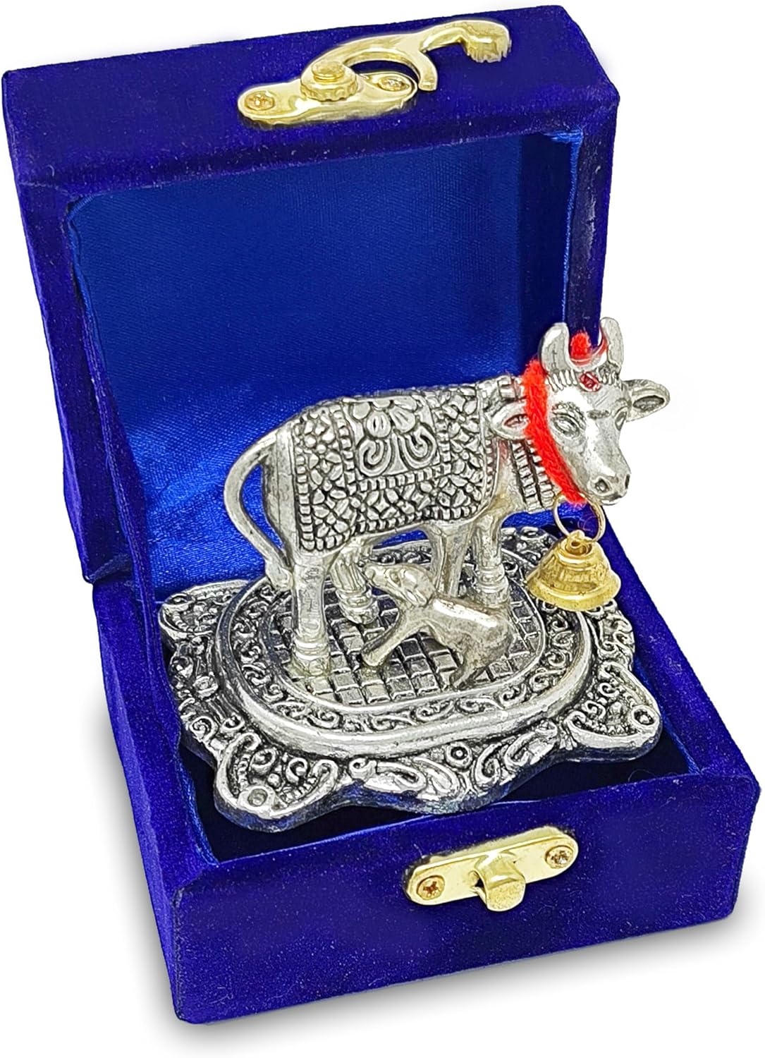 NOBILITY Pooja Items Diwali Gift Silver Antique Small Kamdhenu Cow and Calf with Blue Box Metal Statue Decorative Item Showpiece for Home Office Decoration Wedding Return Gifts