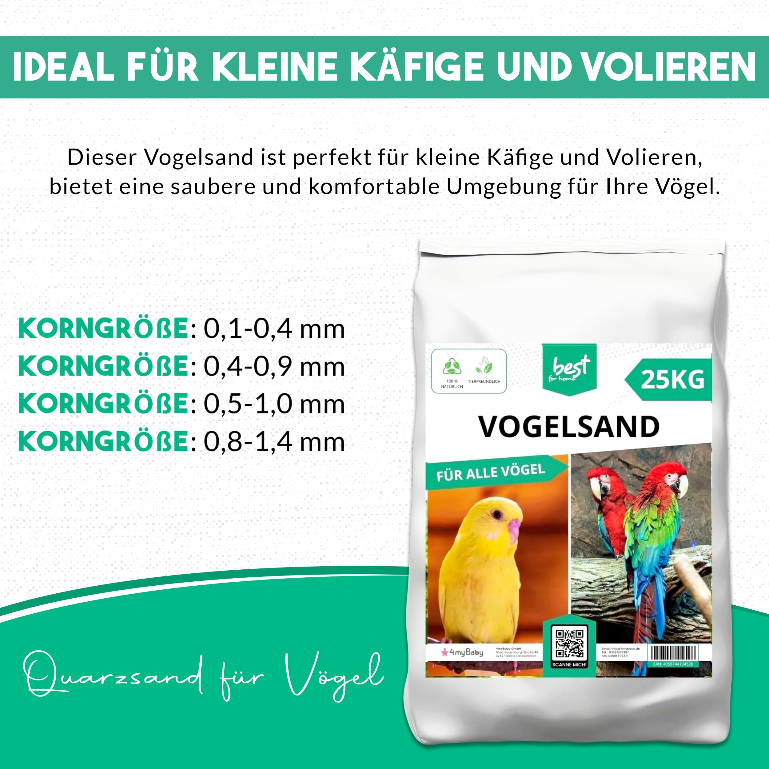 Vogelsand | Vogelsand 25kg für Käfig | Quarzsand Vogelsand - Leicht zu dosieren und gleichmäßig zu verteilen | Papagei Sand Idealer Bodengrund für Käfige und Volieren