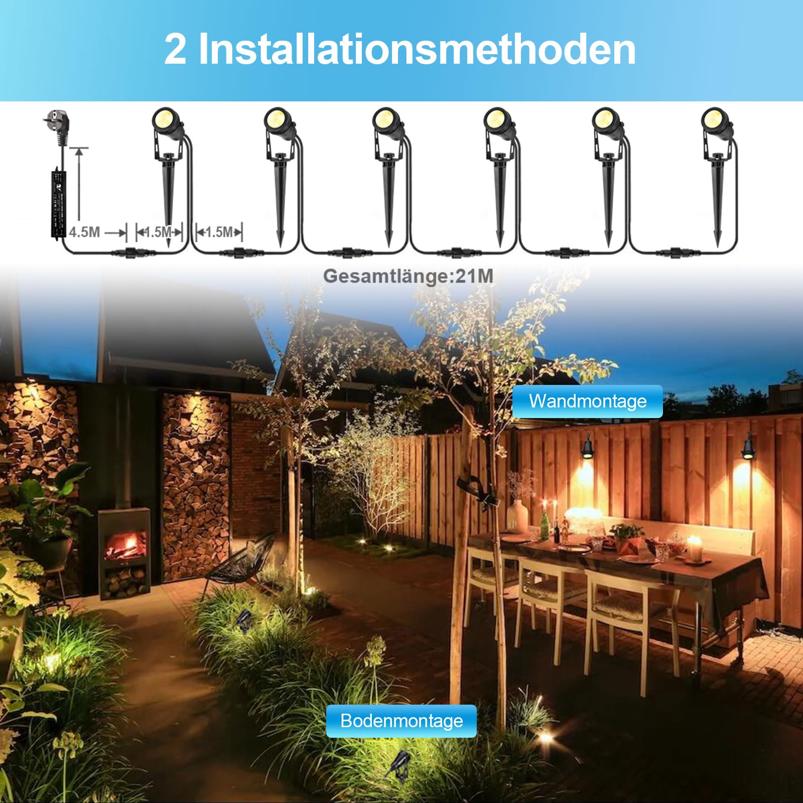 Gartenbeleuchtung LED, 21m 6er Gartenstrahler mit Strom Erdspieß, 12V 3W 1800lm Gartenleuchte, IP65 Wasserdicht Warmweiß Gartenlampe für Außen Garten Rasen Weg Teich Yard Zaun