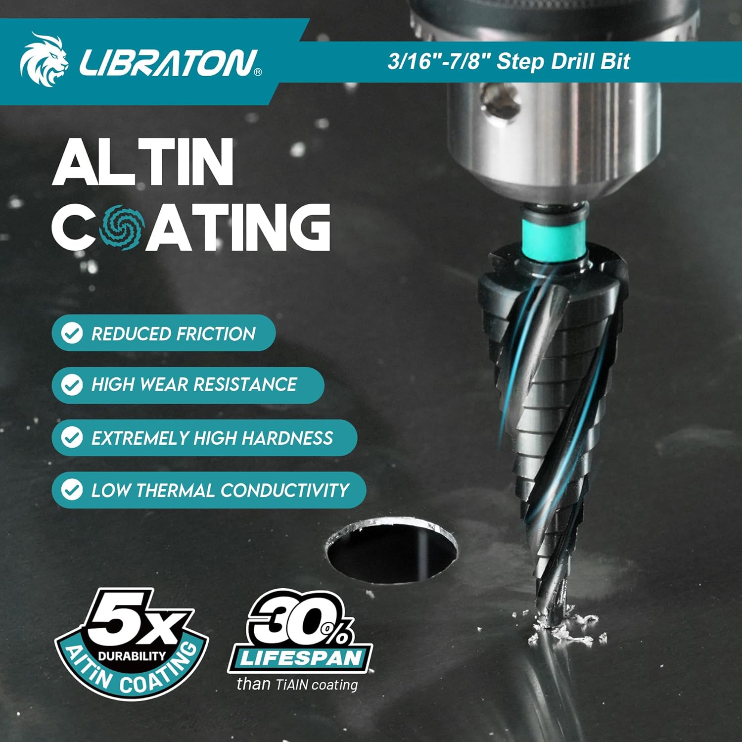 LIBRATON Four Spiral Flute Step Drill Bit, M35 Cobalt Unibit Step Drill Bit Set 3/16"-7/8", AlTiN Coated Step Bits, Four Spiral Flute, 1/4" Hex Shank for Metal, Stainless Steel, Aluminum, Plastic