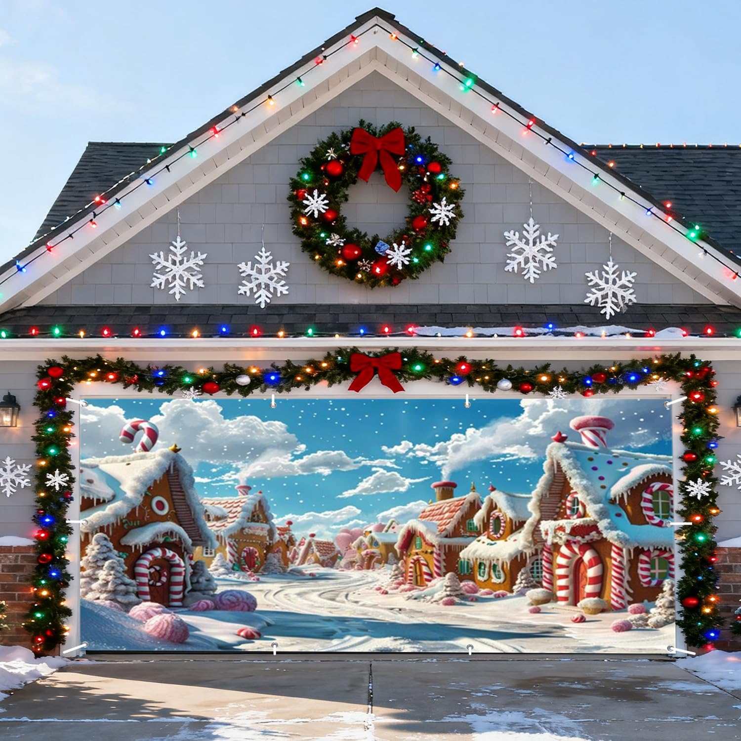 Christmas Garage Door Cover Decorations Banner 16x7ft Polyester Christmas Backdrop Holiday Garage Door Cover Double Car Winter Wonderland Window Santa Claus Xmas Tree Outdoor Yard Background
