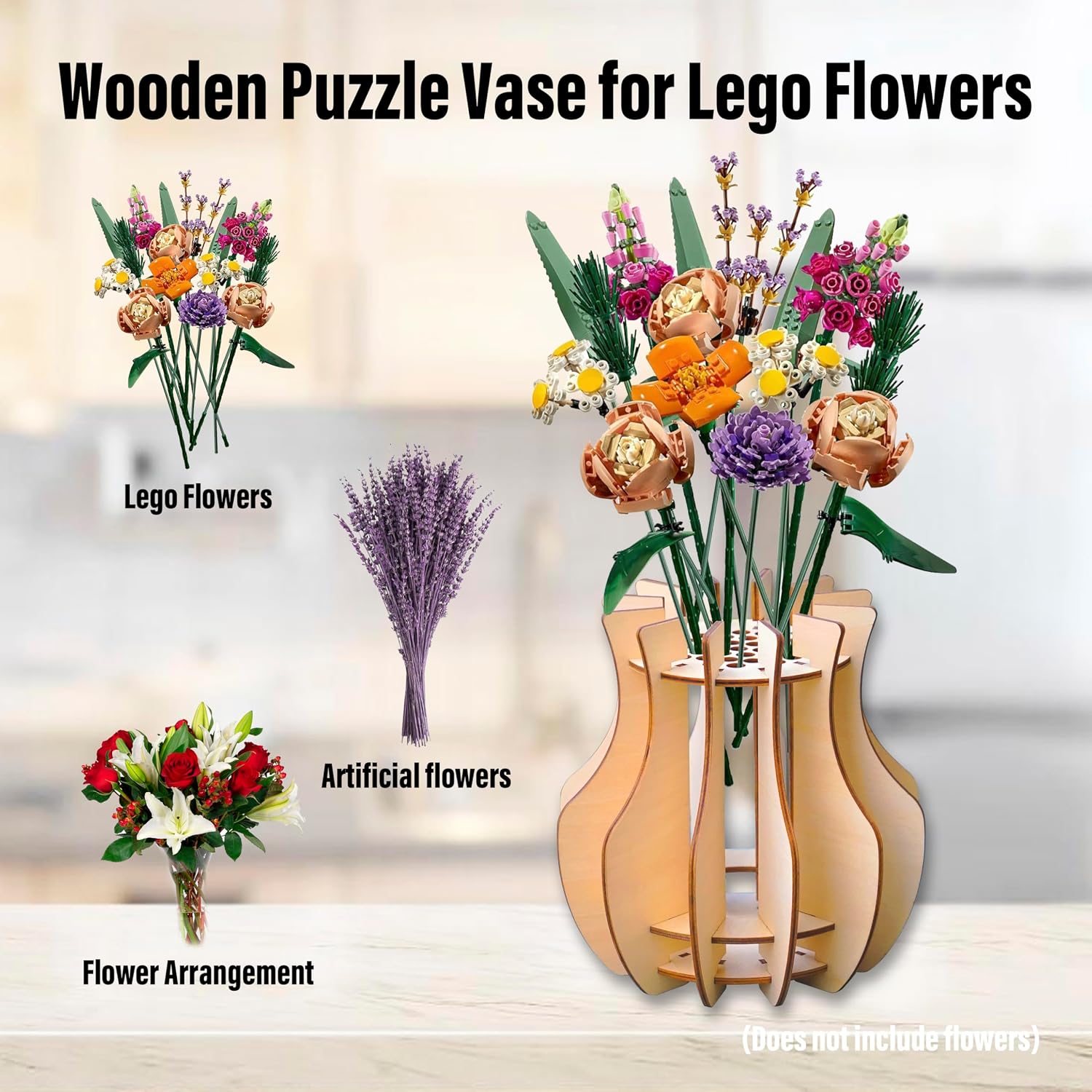 Generic Wooden Puzzle Vase for Lego Flowers - 15 Pieces, Ideal for Home & Office Decoration, Good Gift for Lego Flower Lover, Ages 3+ image 2