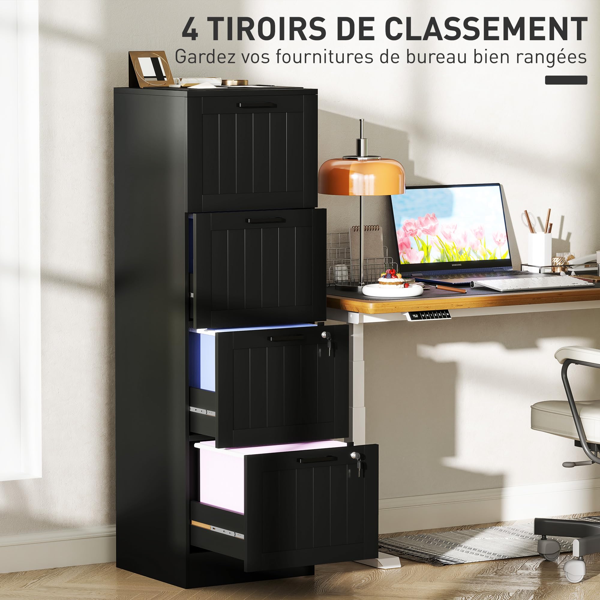HOMCOM Caisson bureau avec 4 tiroirs et serrures, meuble rangement bureau avec barres de suspension réglables pour documents, caisson de rangement compact pour travail ou chambre, 40x40x131cm, noir