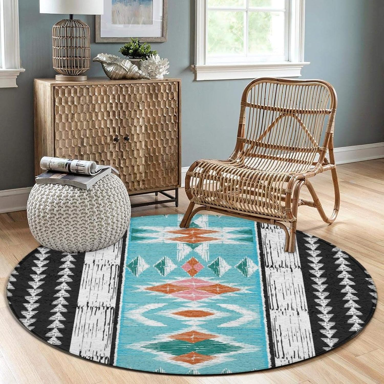 Large Round Area Rug, Office Chair Decor Mat for Carpet & Hardwood Floors, Highly Premium Quality Floor Mat Geometric Tribal Native American Indian Ethni 24inch