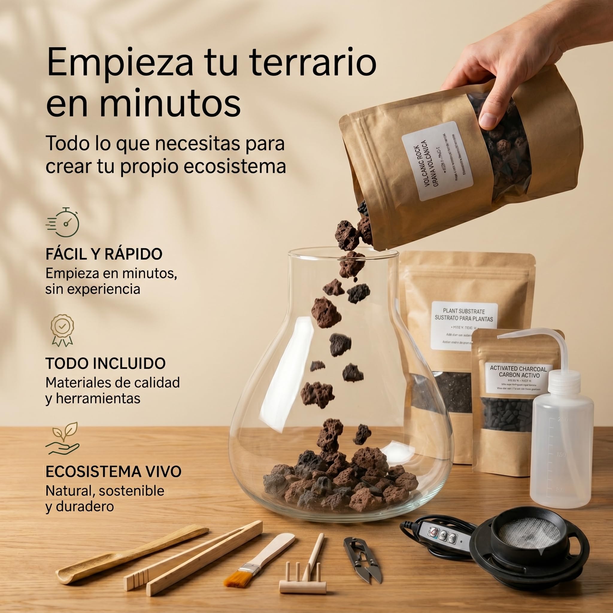 Kit Terrario XL Completo con Luz Smart LED para Jardín Eterno | Kit XL con recipiente 4L, luz Smart LED, herramientas, sustrato, grava, carbón activo y bote de riego antisalpicaduras