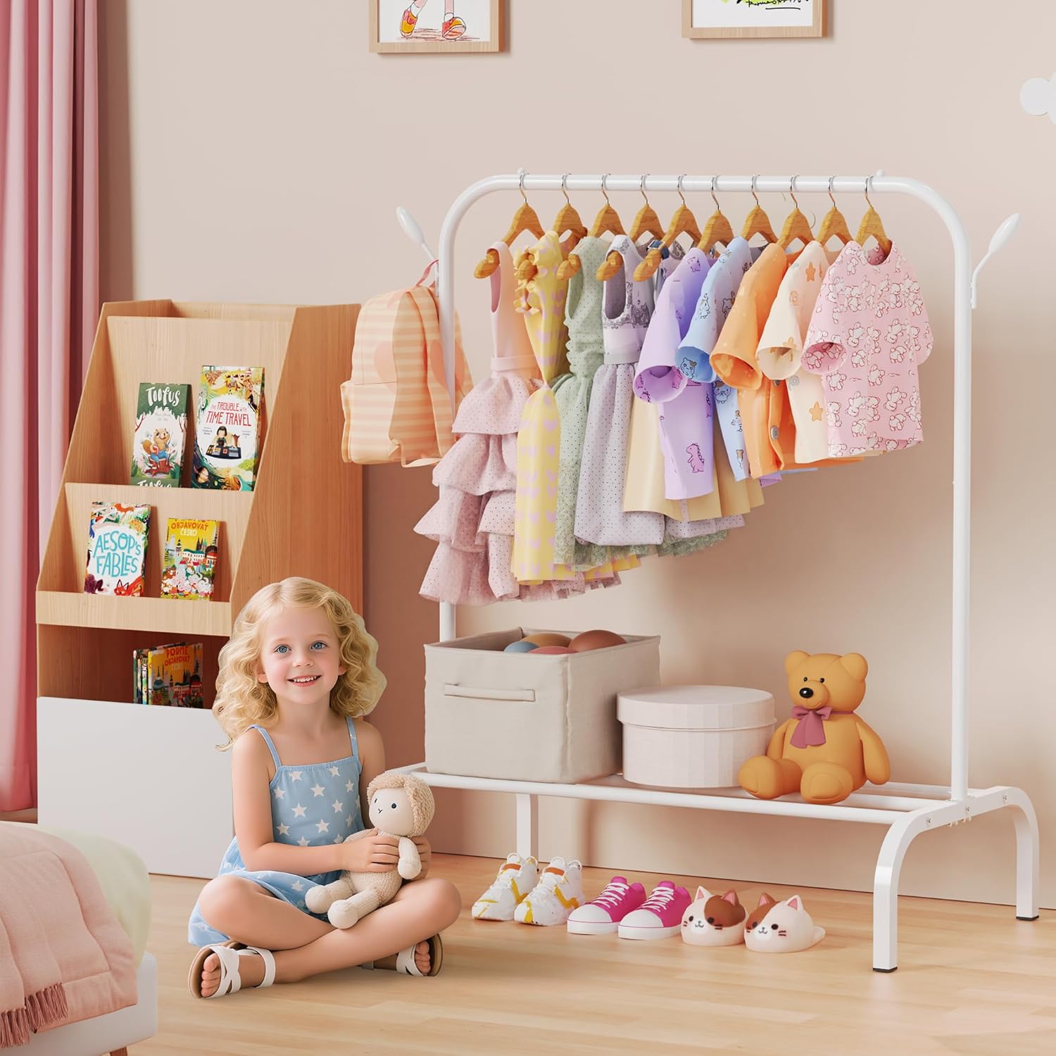 Kids Clothes Rack for Ages 3-6, Montessori Kids Clothing Rack with Bottom Shelf & Side Hooks, Toddler Wardrobe Rack for Bedroom, Playroom, Nursery and Small Room Storage, White