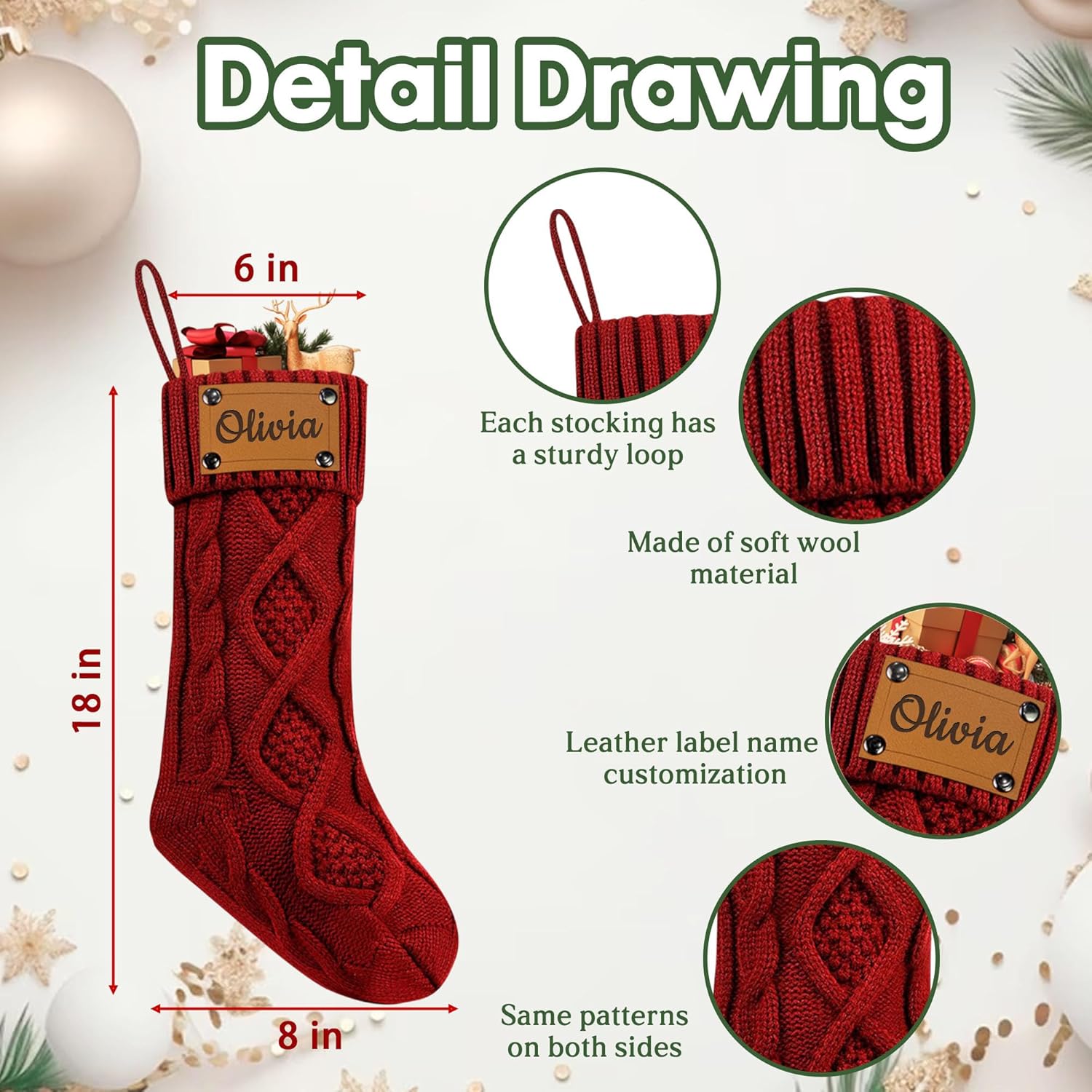 Personalized Engraving Names Christmas Stocking, Custom Christmas Stockings with Leather Label , 18" Large Knitted Xmas Stockings for Kids Dad Mom, Holiday Birthday Party Fireplace Stairs Decor 4 PCS