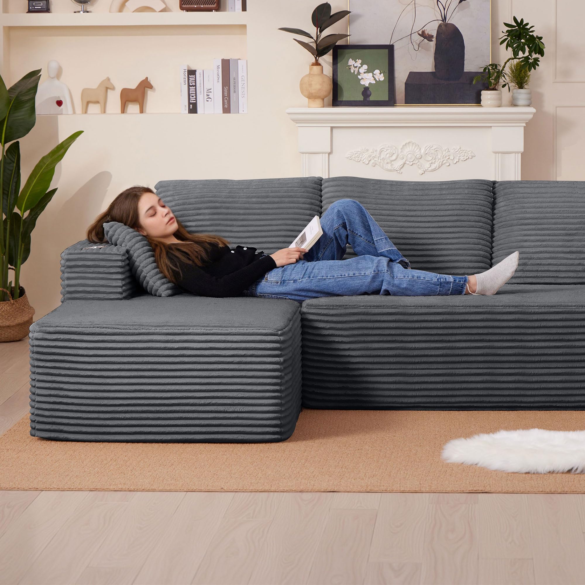 Sofá Esquinero, Sofa 3 Plazas con Chaise Longue, 102 inch/261cm Sofá de Pana Afelpado con Asiento Profundo Deshuesado, Sofá Modular Forma L Sofá de Corduroy para Salón, Gris Oscuro