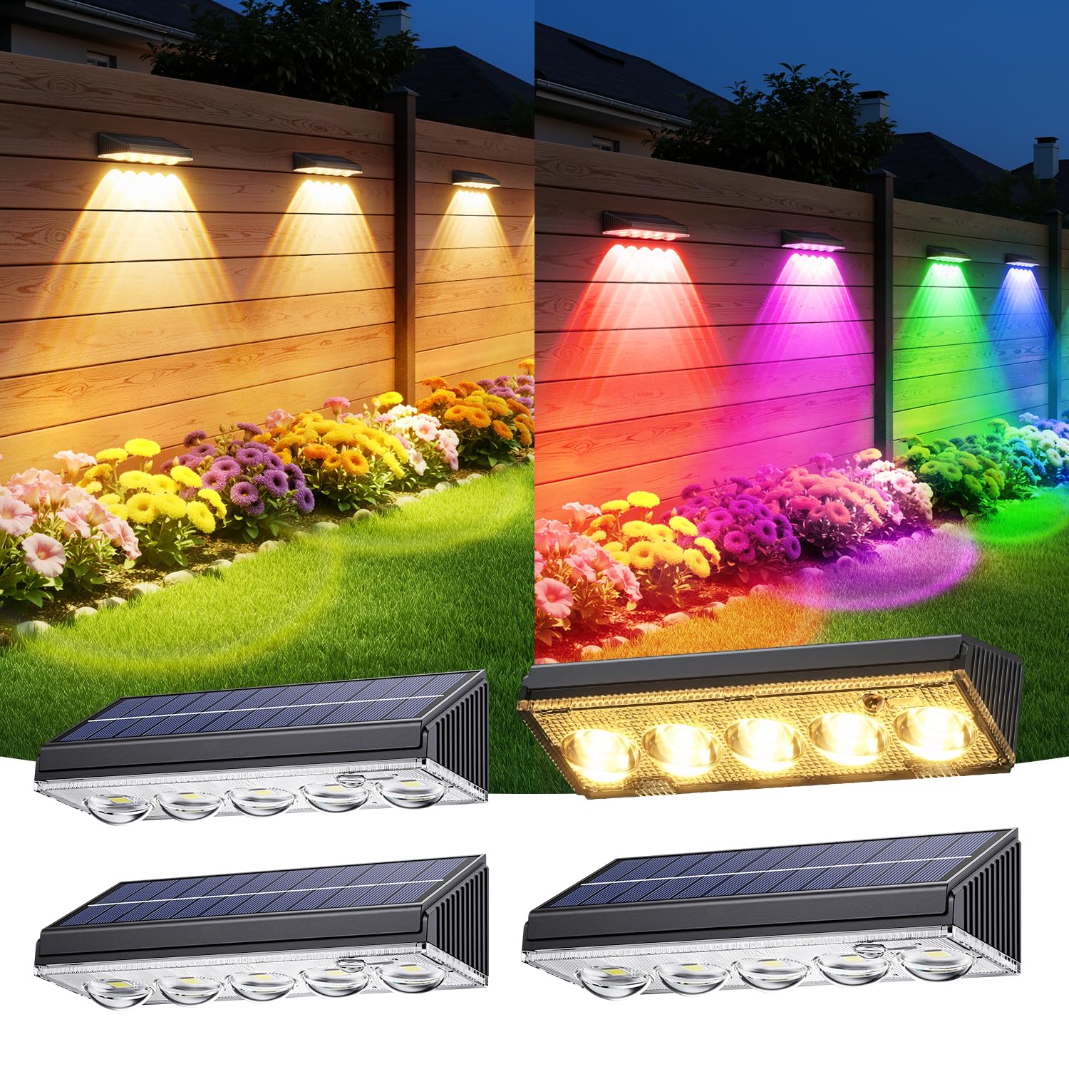 GEARLITE Solarlampen für Außen Garten 4 Stück, 5 Helle LED Solar Wandleuchte Aussen 10 Modi Warmweiß RGB Farbwechsel, IP65 Wasserdichte Solarleuchten für Außen Garten Balkon Terrasse Wand Zaunleuchten