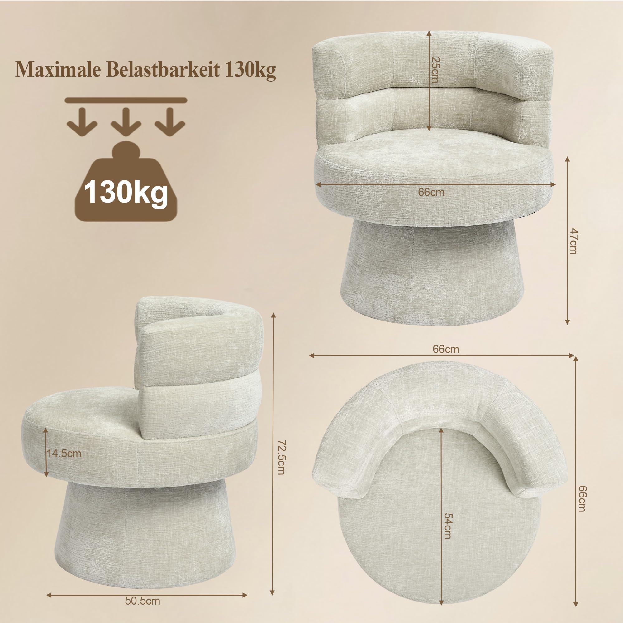 Duhome Loungesessel Wohnzimmer 360° Drehbarer Sessel mit Armlehnen, Relaxsessel aus Chenille Übergroßer Gepolsterter Sitz für Schlafzimmer Büro Lesesaal, Beige