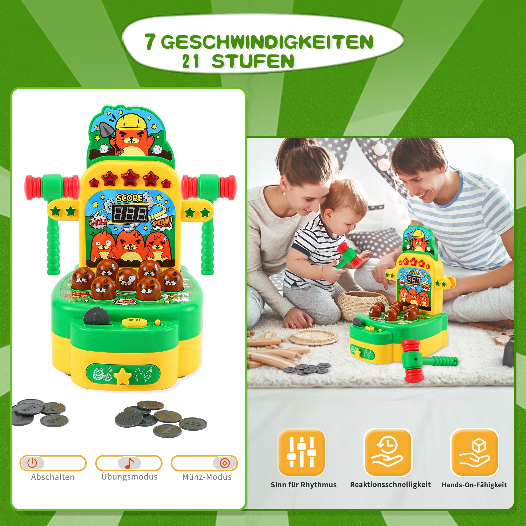 Joellfuner Whack Spiel, Elektronisches Mini Arcade Spielzeug, Schlag den Maulwurf, Münzspiel mit 2 Hämmern, Eltern-Kind-Interaktion Hammerspiel Spielzeug für Kinder im Alter von 3-6 Jahren