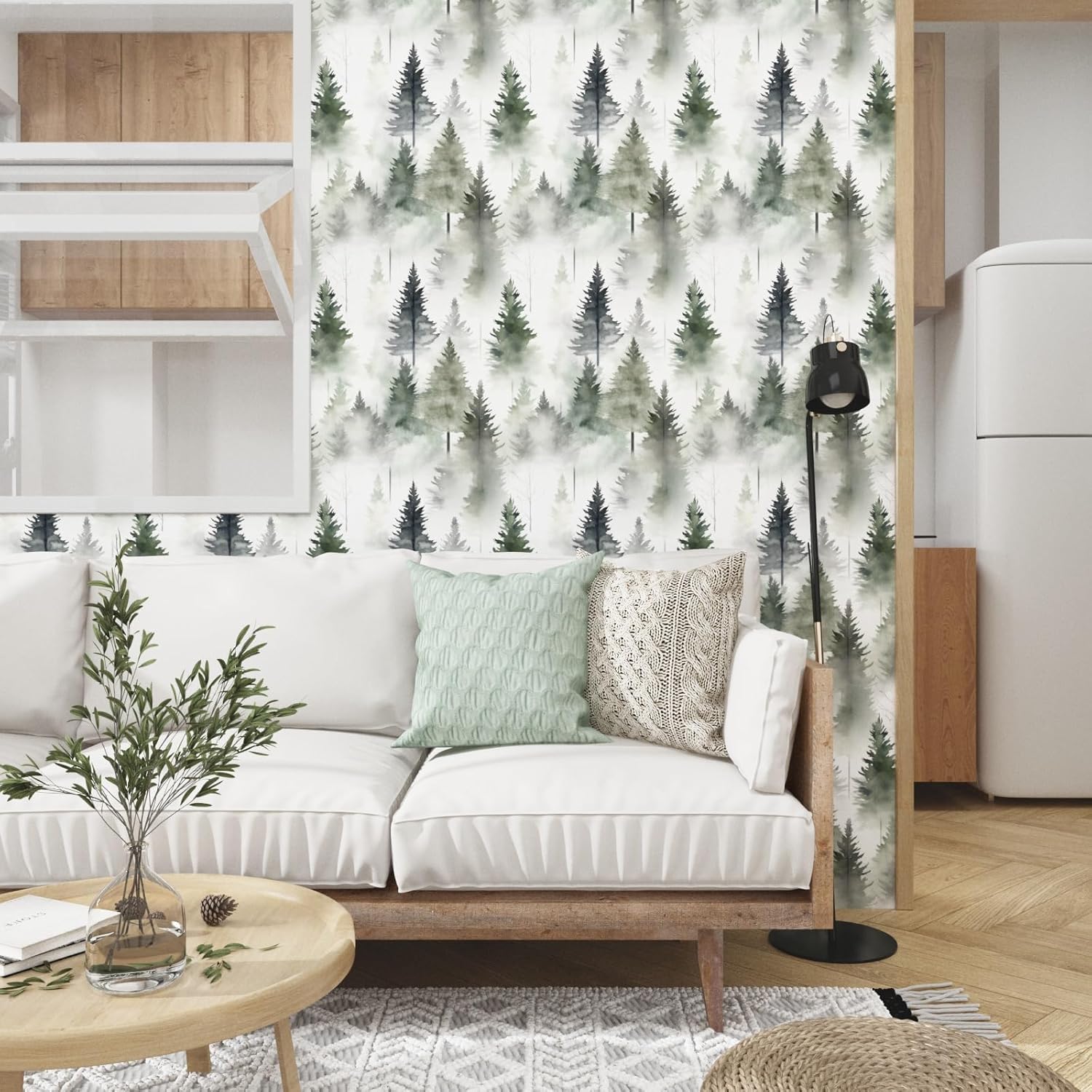 Laatse Foggy Forest Wallpaper Peel and Stick Misty Woodland Wall Mural Green Tree Contact Paper Waterproof Self-Adhesive Modern Wall Paper for Bedroom Cabinet Drawer Decor 17.5in x118in
