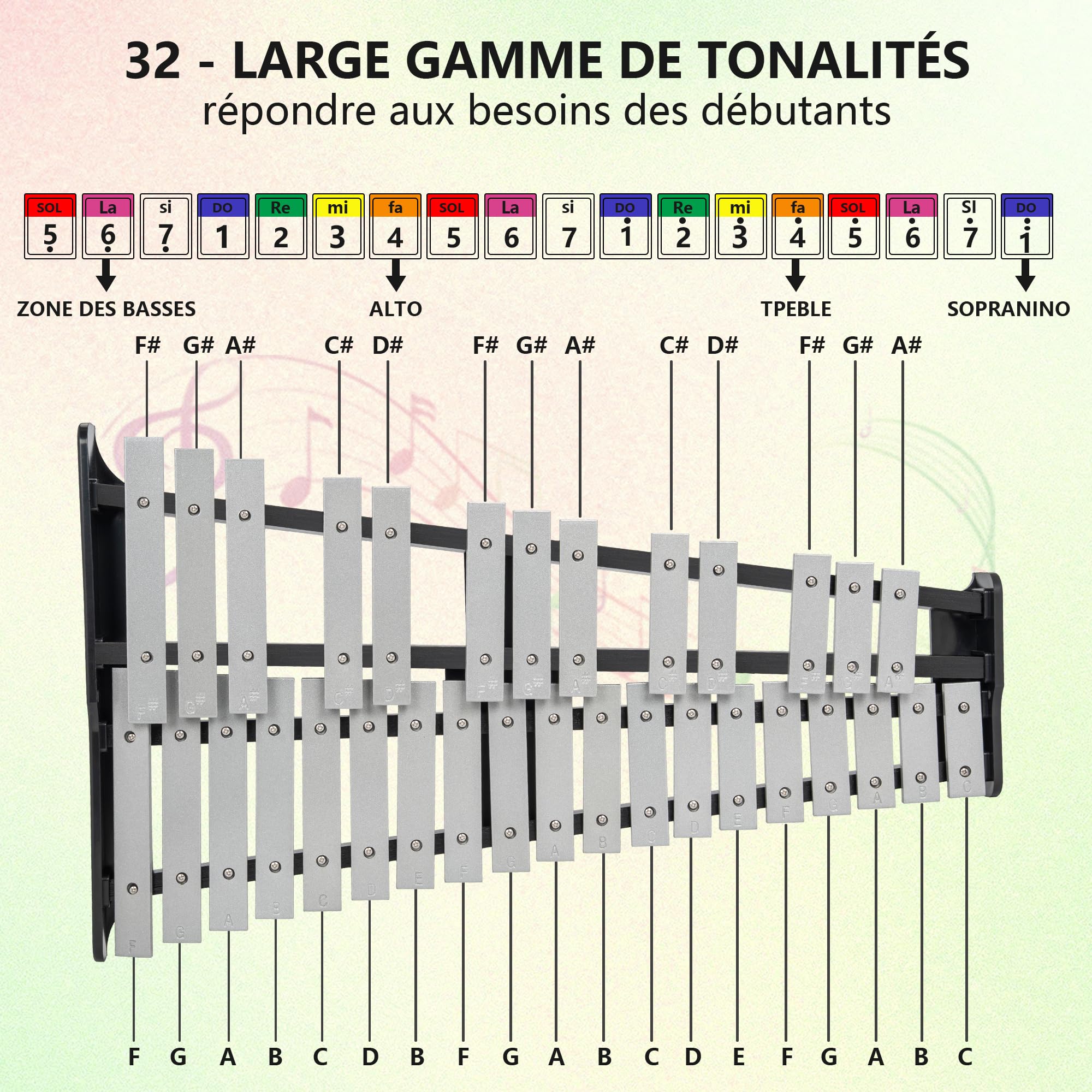 OUUTMEE Xylophone Glockenspiel à 32 Notes Pliable avec support Réglable en Hauteur, Glockenspiel avec 4 Maillets et Un Sac de Transport pour Enfants et Adultes, Instrument de Percussion Professionnel