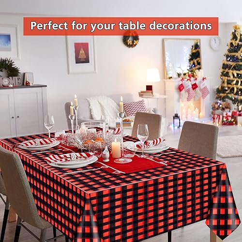 Miniatura 4 de PLULON Mantel de plástico a cuadros rojos y negros de búfalo a cuadros, mantel de invierno de Navidad, 53.9 x 107.9 in para decoración de mesa de