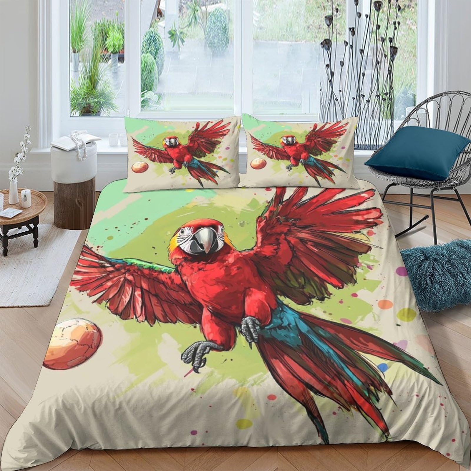 GPLZQXKJNH 3D Printed Red Parrot Duvet Cover Microfiber Soft Breathable Tropical Bird Bedding Set with 2 Pillowcases for Bedroom Apartment Single（135x200cm）