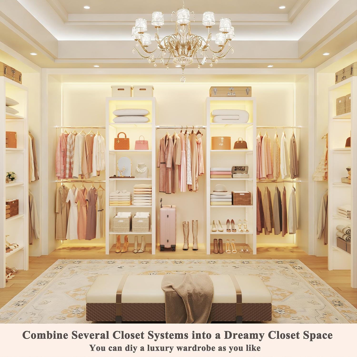 100'' Closet System with 4 Hanging Rods & LED Lights, 2-8 FT Wood Closet Organizer Systems with 5 Shelves, 6 Height Adjustable, Walk-in Closet Organizer Wardrobe Clothes Rack, Garment Rack, White