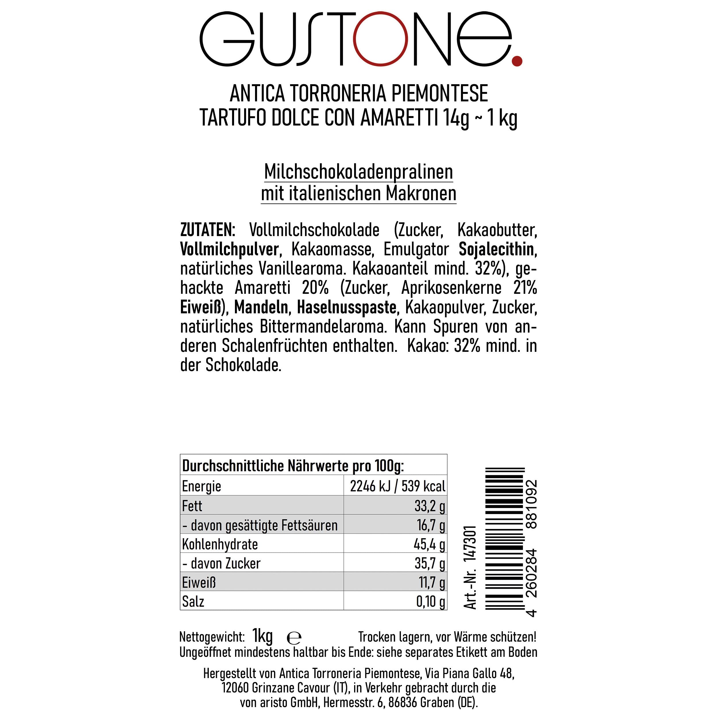 GUSTONE. Tartufi Dolci con Amaretti 70 Stück je 14g Antica Torroneria 1kg | IGP-geschützte Herkunft, Trüffel-Praline Amarettini Vollmilch-Schokolade Piemont Haselnüssen, Schokoladentrüffel, 32% Kakao