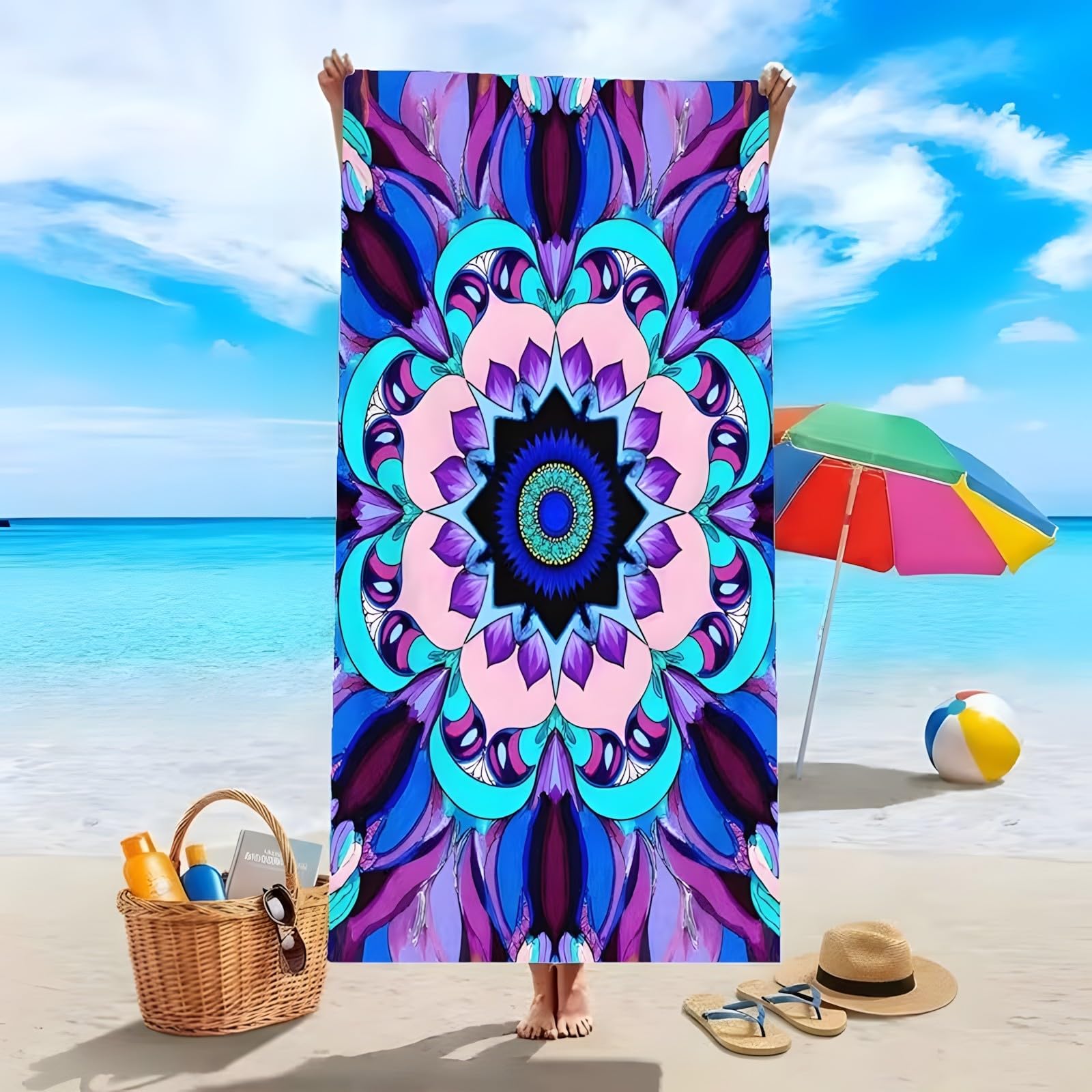 YZQGLHP Datura Microfibre Beach Towel Bohemian Beach Bath Towel Quick Drying, Lightweight, Sand-Free, Durable, for Pool, Gym, Camping, Travel Towel 70x130cm