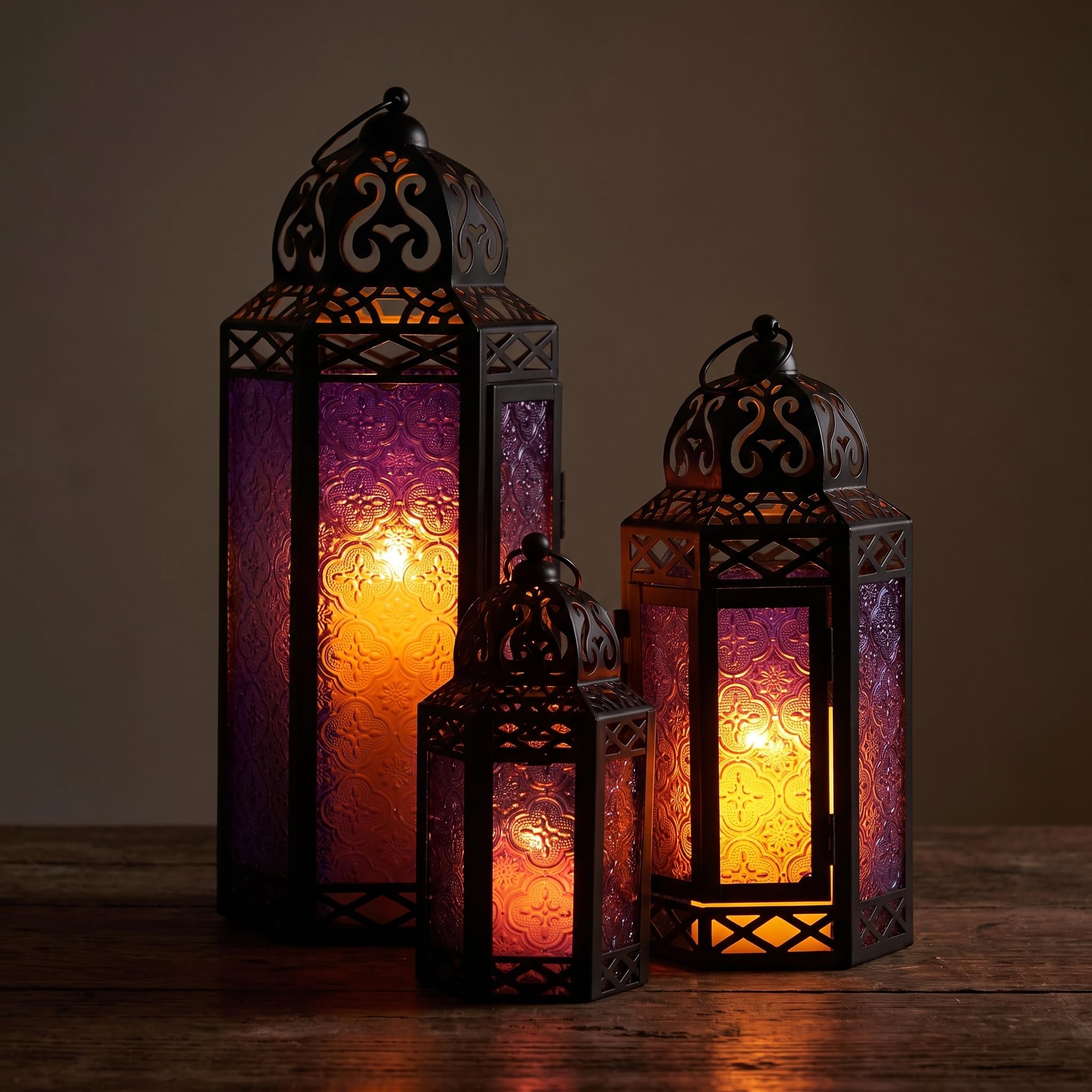Vela Lanterns Zestaw 3 lampionów marokańskie świeczniki dekoracyjne na podłogę Ramadan dekoracja wnętrz dekoracja domu na zewnątrz patio ganek Halloween ślub fioletowy kolor