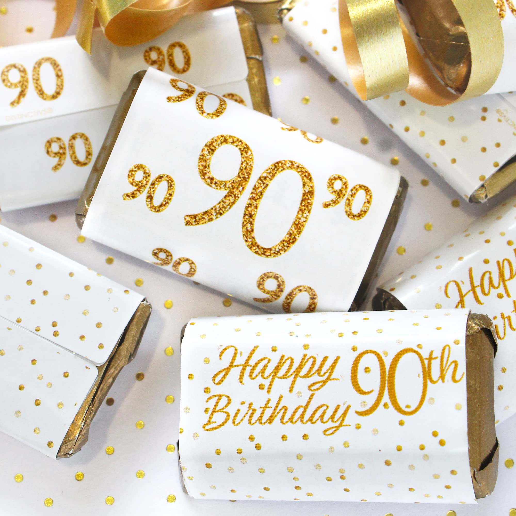 DISTINCTIVS White and Gold 90th Birthday Mini Candy Bar Wrappers - 45 Stickers, 90th Birthday Decorations
