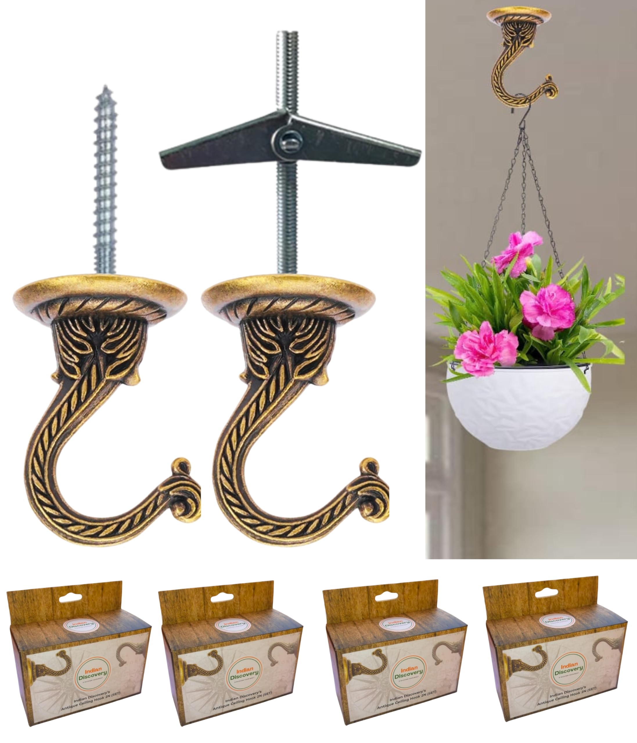 Indian Discovery Antique Metal Wall Ceiling Brackets for Hanging Plants, Planters, Hanging Bell, Diyas, Lamps, Lanterns, Windchimes, Birdcages (Antique Brass :Set of 8)