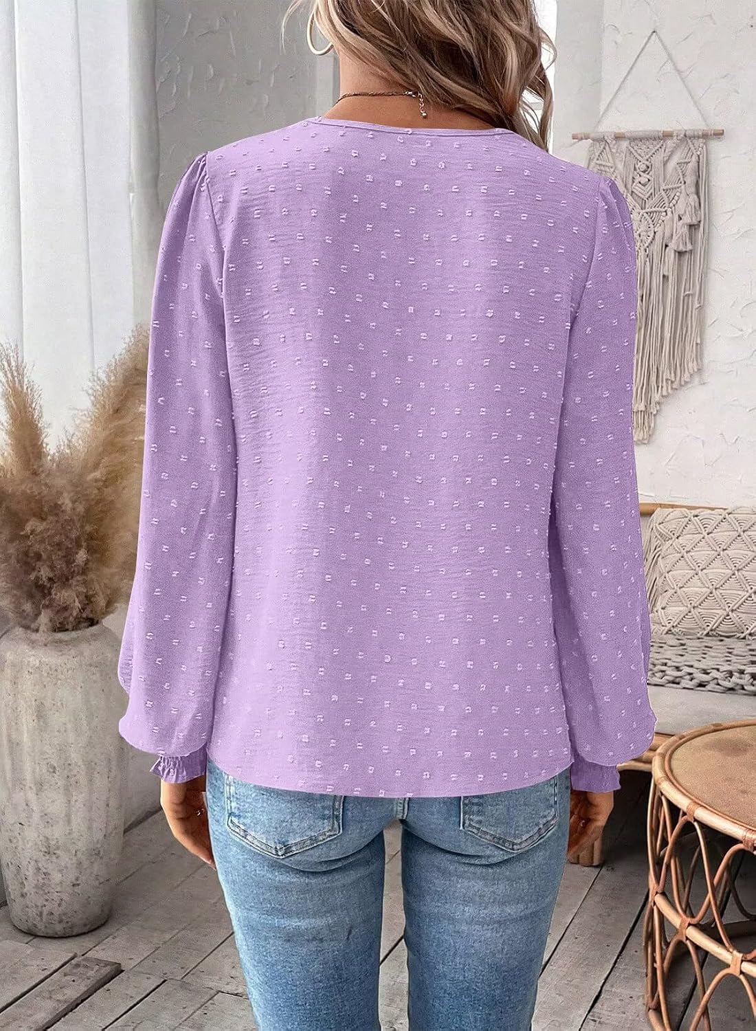Falechay Womens Tops Swiss Dot Boho Long Sleeve Shirts V Neck Casual Chiffon Blouses Flowy Lace Hem Cute Clothing Trendy 2026