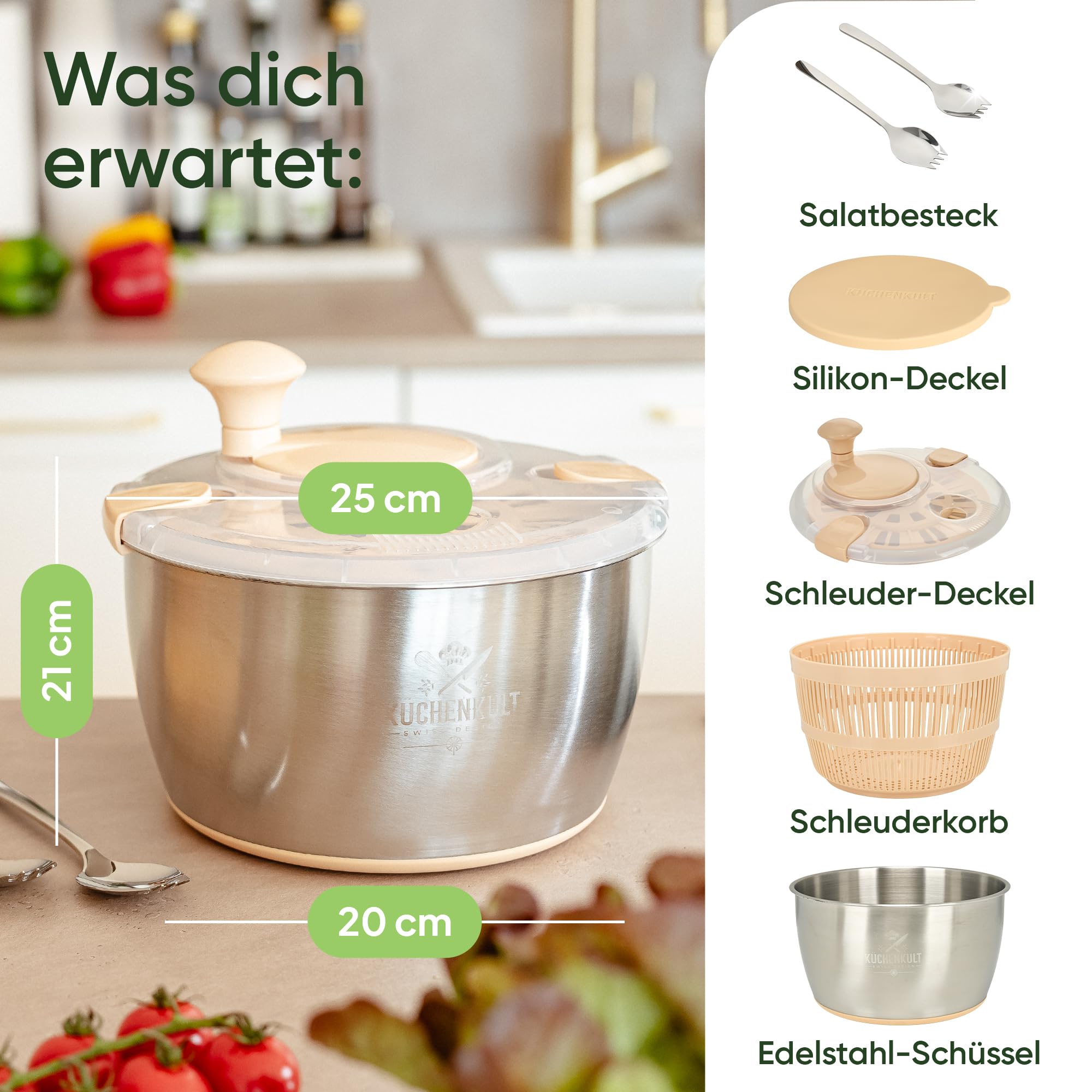 Edelstahl Salatschleuder mit Deckel 5L | Rutschfester Boden | Testsieger 2025 | Salad Spinner | BPA -frei