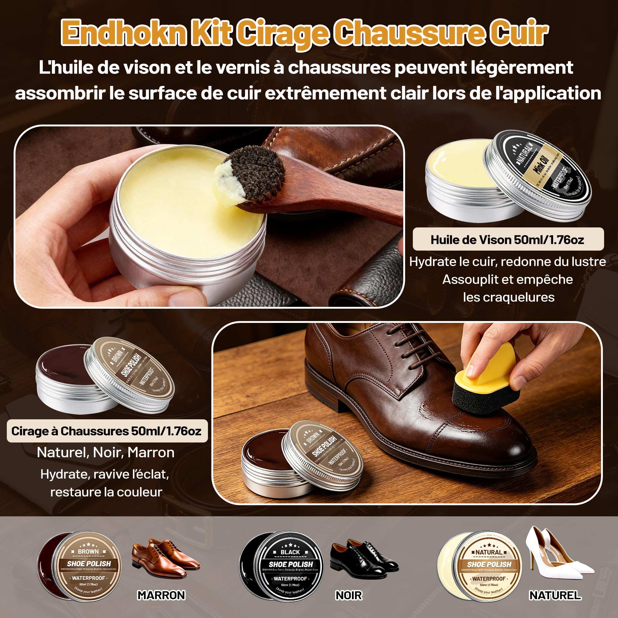 Endhokn Kit Entretien Chaussure Cuir 18PC, Cirages et Produits d'entretien Chaussures Huile de Vison, Neutre/Noir/Marron Cire à Chaussures, Brosses en Crin de Cheval, Kit Cirage Chaussure Cuir