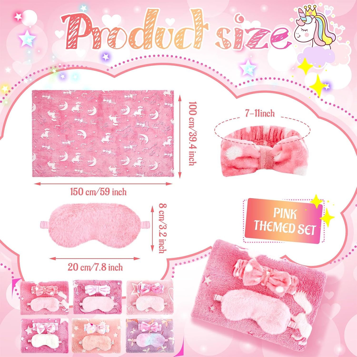 Fanfanwin 18 Pcs Sleepover Party Supplies for Girls, 6 Glow in The Dark Unicorn Blanket 6 Coral Fleece Headband 6 Plush Eye Mask Covers for Sleeping Slumber Sleepover Spa Party Gift(Classic)
