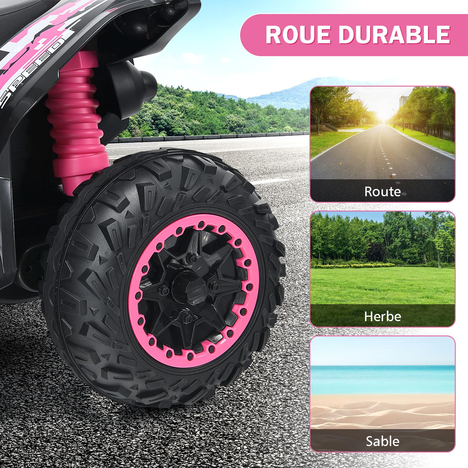 DREAMADE Quad Électrique Enfants 3-8Ans avec Vitesse Réglable,Voiture à Batterie 12V Multifonctions avec Marche Avant et Arrière,Lumières LED,Musique,Pédale,Klaxon,Charge 35KG (Rose)