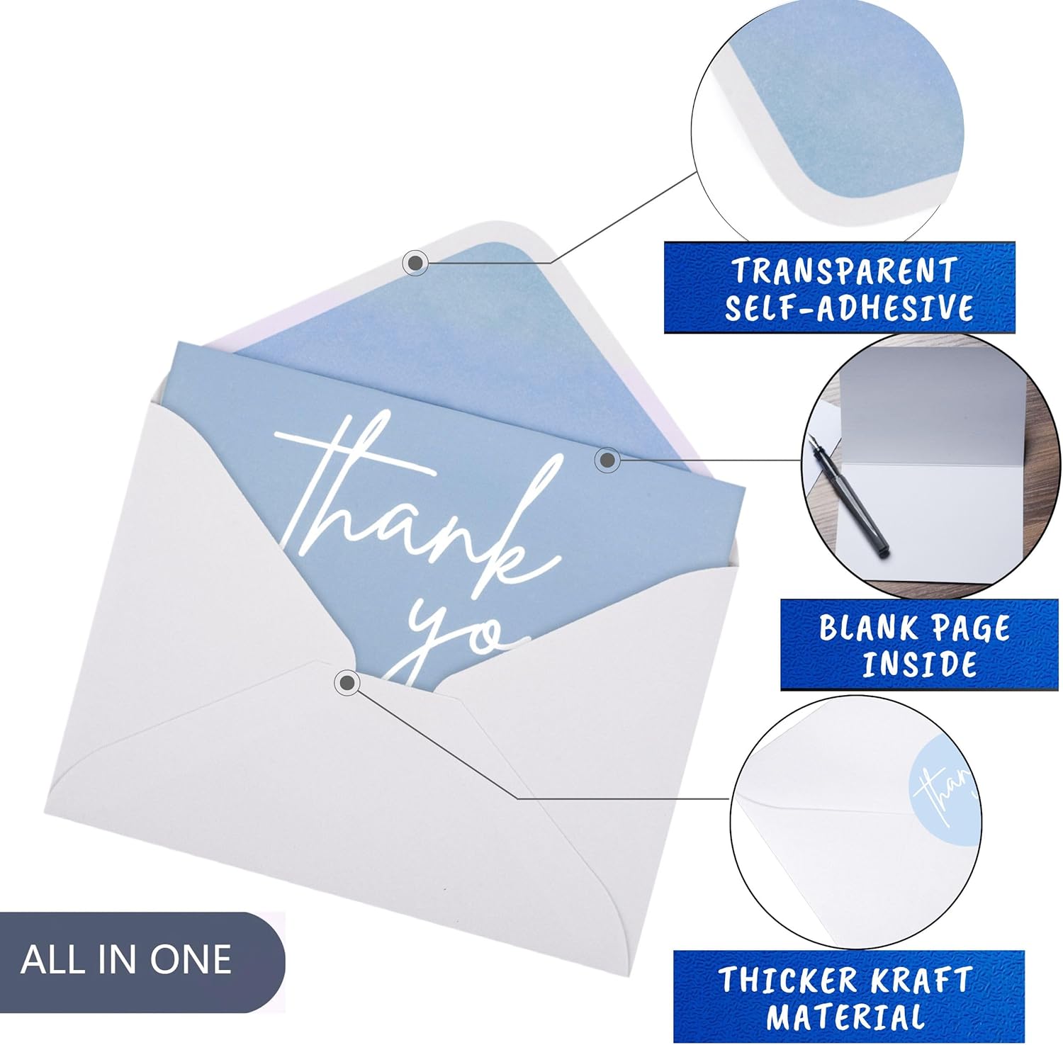100 Bulk Light blue Thank You Cards with white Envelopes and stickers - 4 Minimalistic Designs Blank Thank You Notes with Envelopes for business Wedding Bridal Gift Baby Shower Business Graduation - Image 2