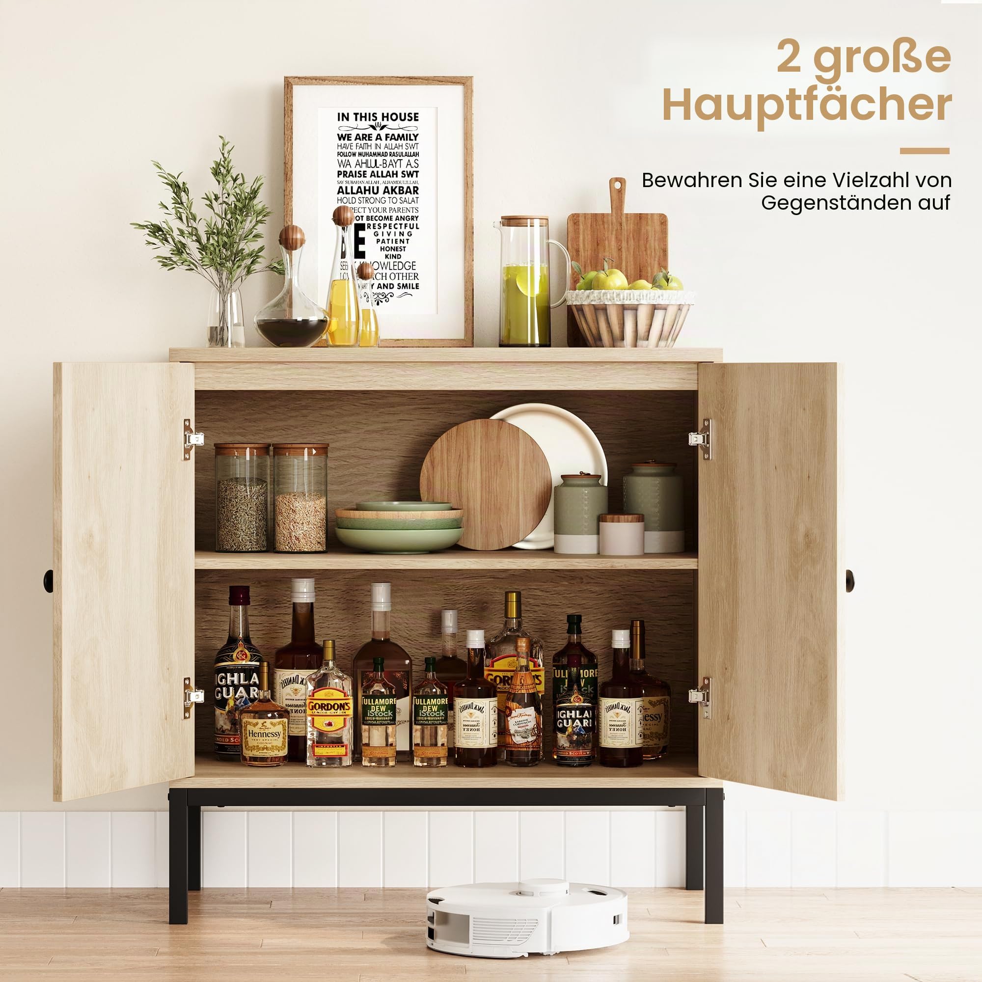 Rattan Sideboard, Küchenschrank, Buffet-Schrank mit 2 Türen & Verstellbaren Einlegeboden & Hoch Metallrohr Bein, 80x40x83cm, Küchenschrank Holz für Küche, Esszimmer, Wohnzimmer