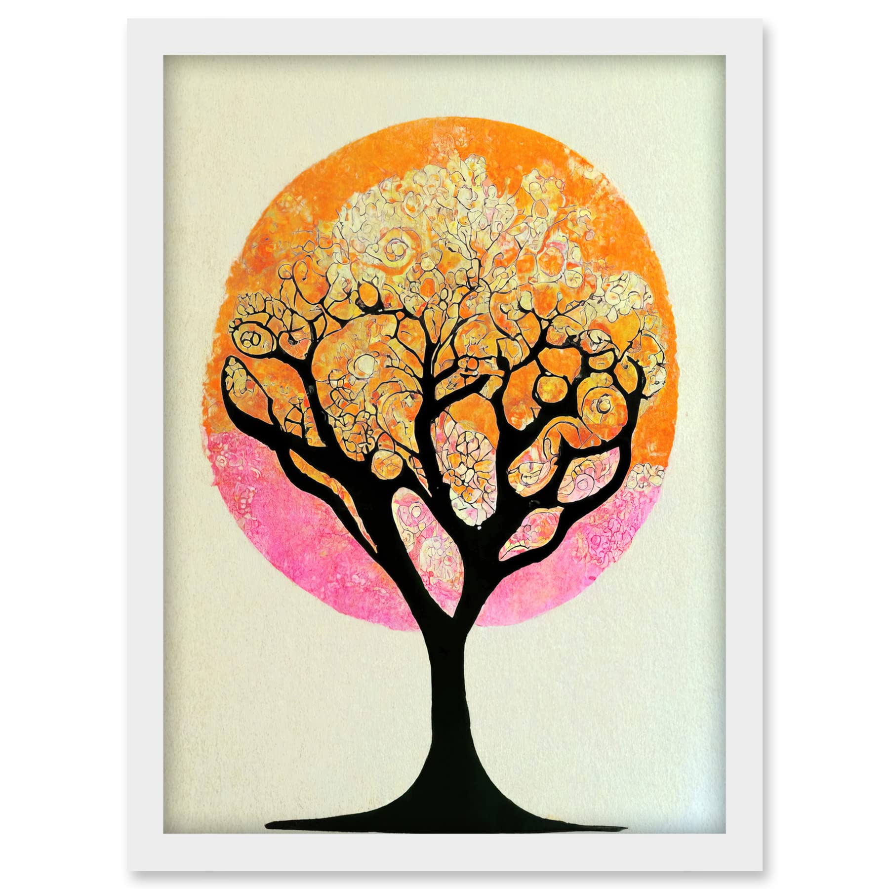 Doppelganger33 LTD Tranquil Tree Silhouette Abstract Illustration Enchanted Linocut Artwork Framed A3 Wall Art Print