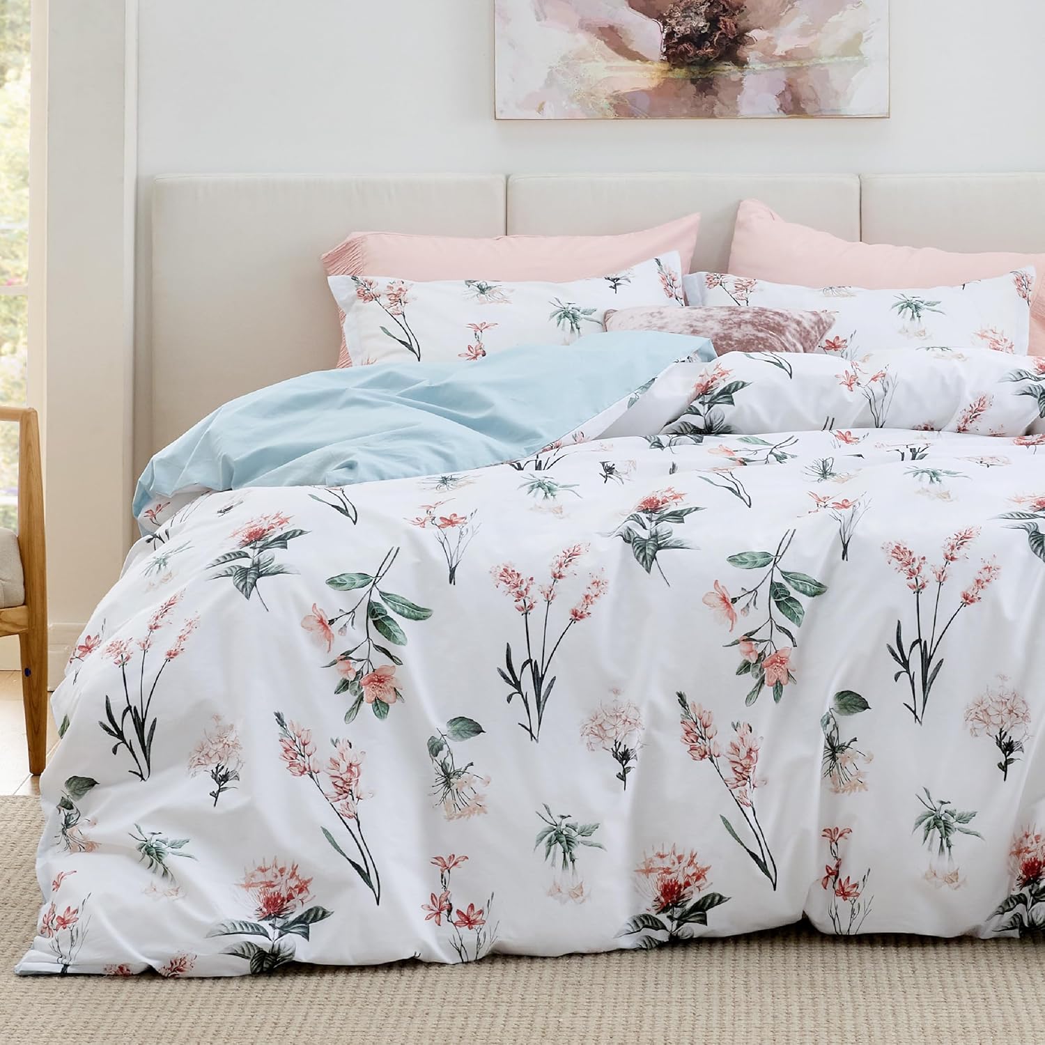 Bedsure Duvet Cover King Size - 100% Cotton Reversible Cute Flower Floral King Duvet Cover Set with Zipper Closure, 3 Pieces Soft & Breathable Blue Bedding Set with 2 Pillow Shams 20"x36"