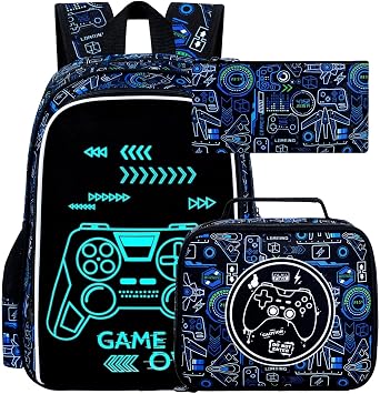 17 Inch Glow in The Dark Backpack, 3Pcs Gamer Bookbag for Boys With Lunch Box, School Laptop Backpacks Set For TeensBlue