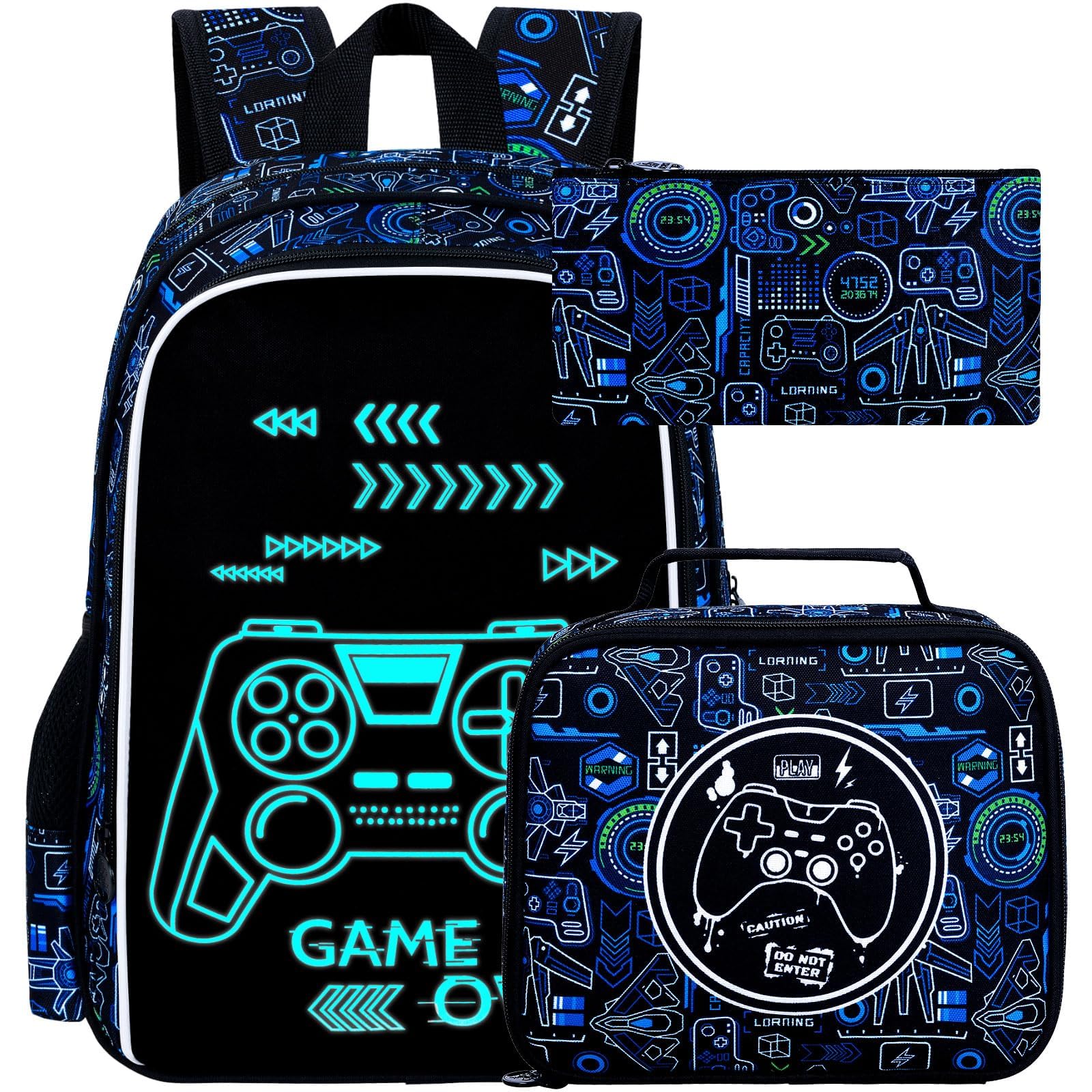 ZLYERT 17 Inch Glow in The Dark Backpack, 3Pcs Gamer Bookbag for Boys With Lunch Box, School Laptop Backpacks Set For Teens(Blue)