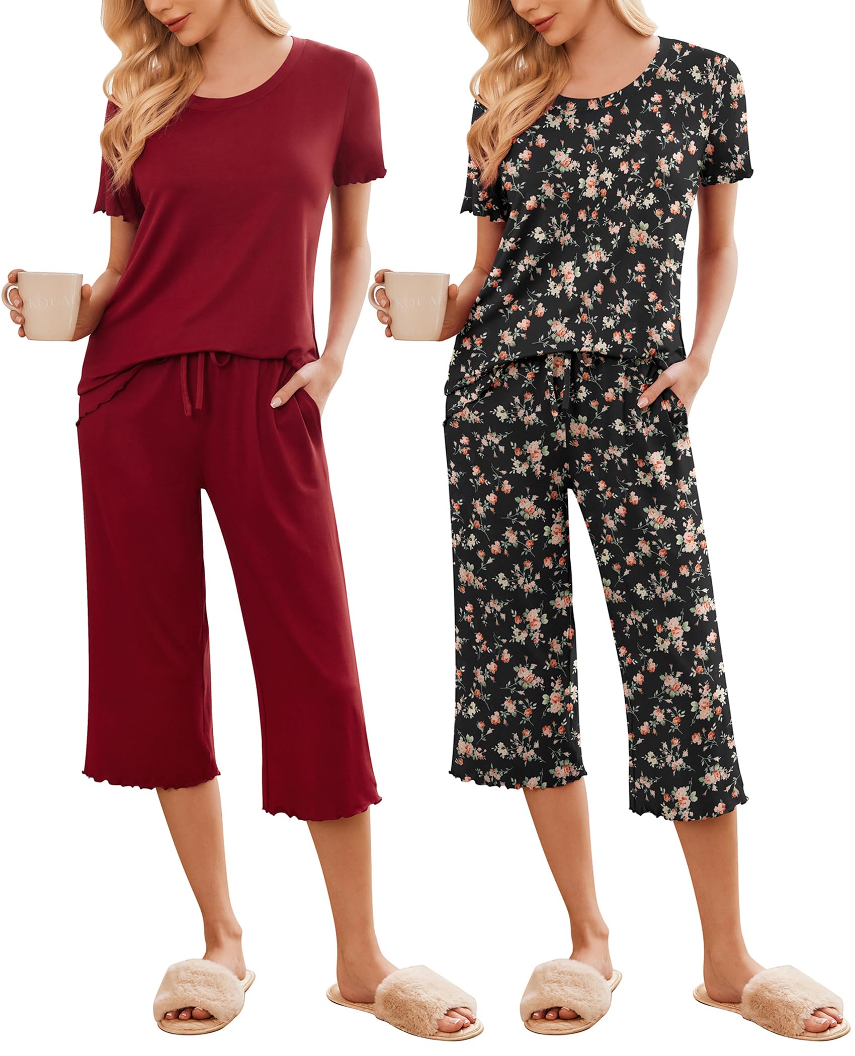 Ekouaer 2 Pack: Women's Set Short Sleeve Pj Top Capri Pants - Pajamas Sets Lounge & Sleepwear Set Black