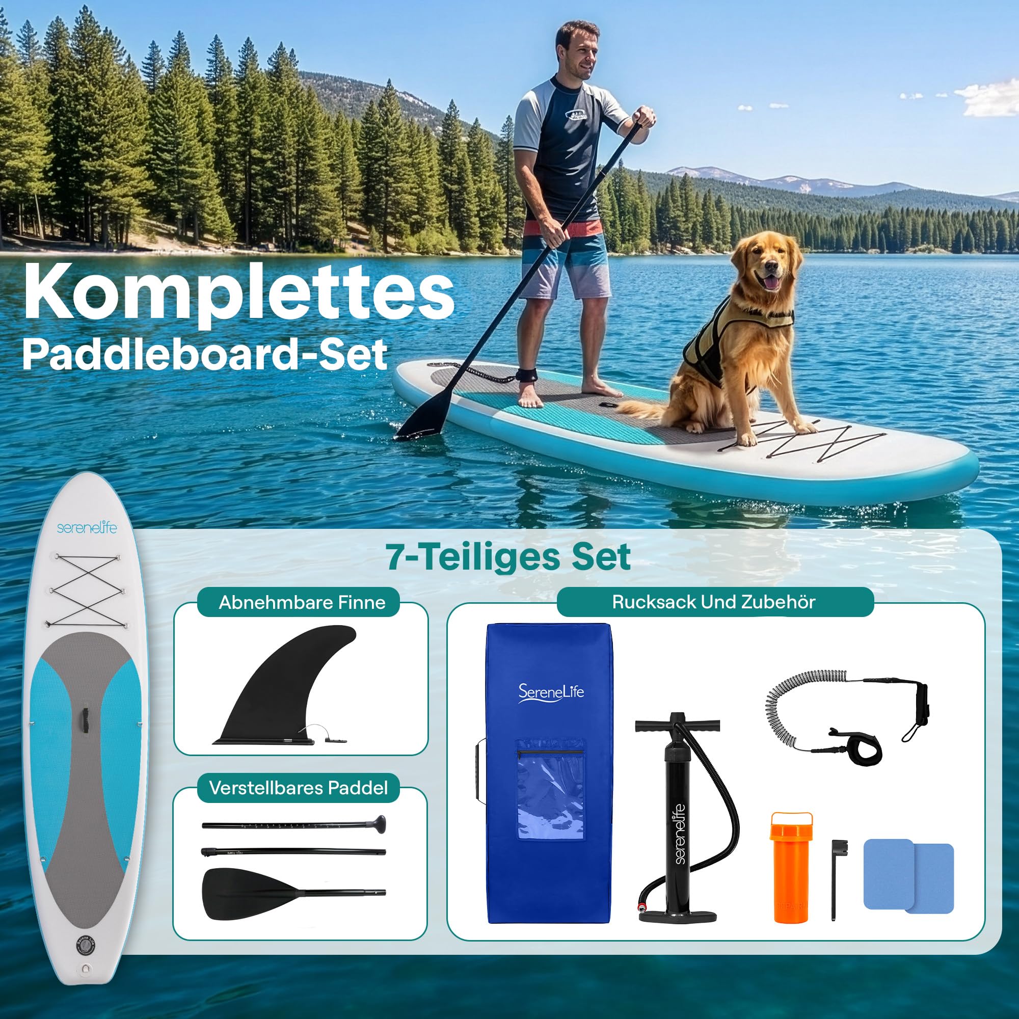 SereneLife Stand Up Paddling Board Set, SUP Board Komplettes Zubehör, Stand Up Paddle Board für Kinder & Erwachsene, Surfbrett & Tragetasche, Paddle Set Anti-Rutsch mit Pumpe, Auflasbares Paddelbrett