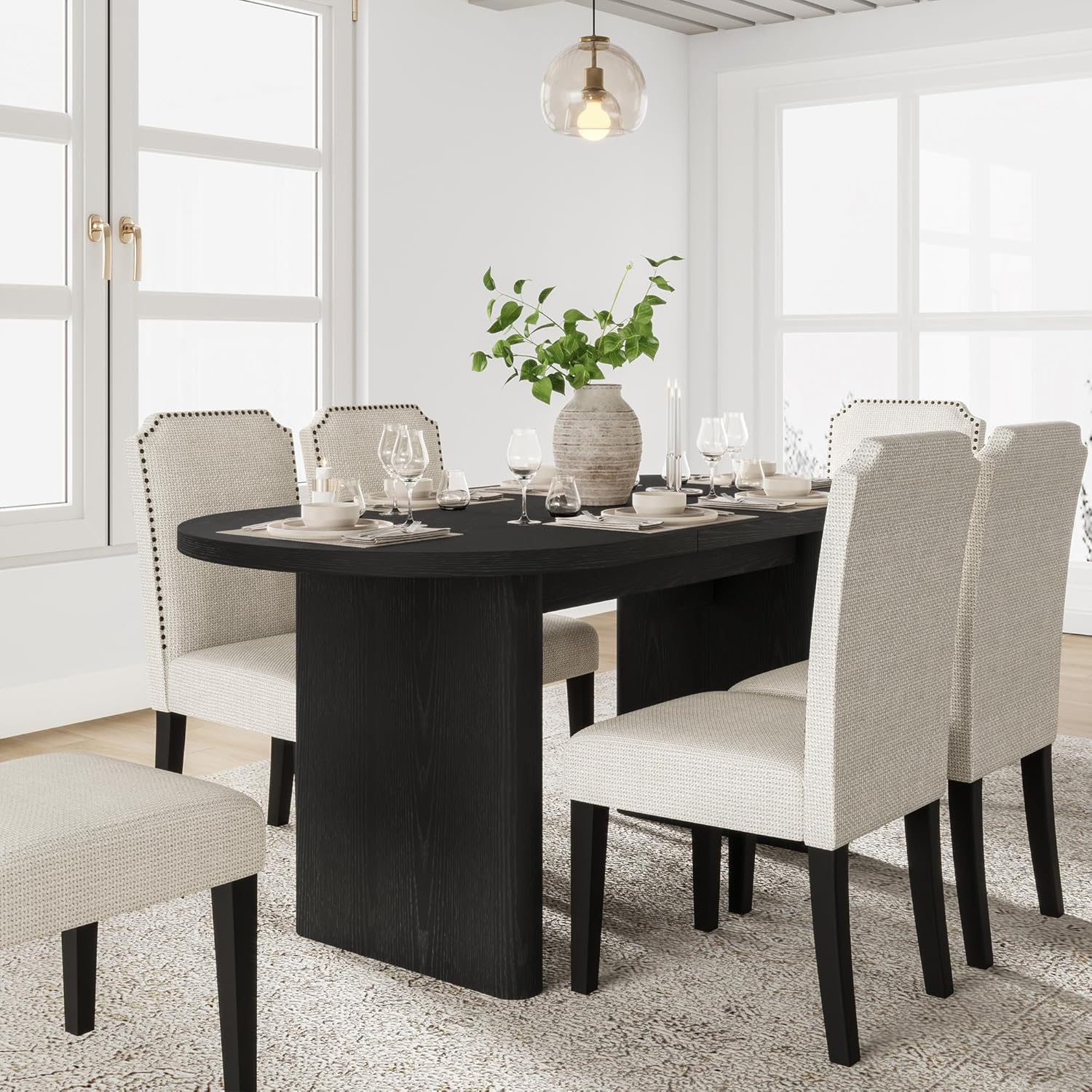 GarveeHome Oval Dining Table for 6-8 People, Long Large Kitchen Table with Thick Sturdy Wooden Base, Farmhouse Dining Room Table for for Kitchen, Living Room, Office (63" Long,Black)