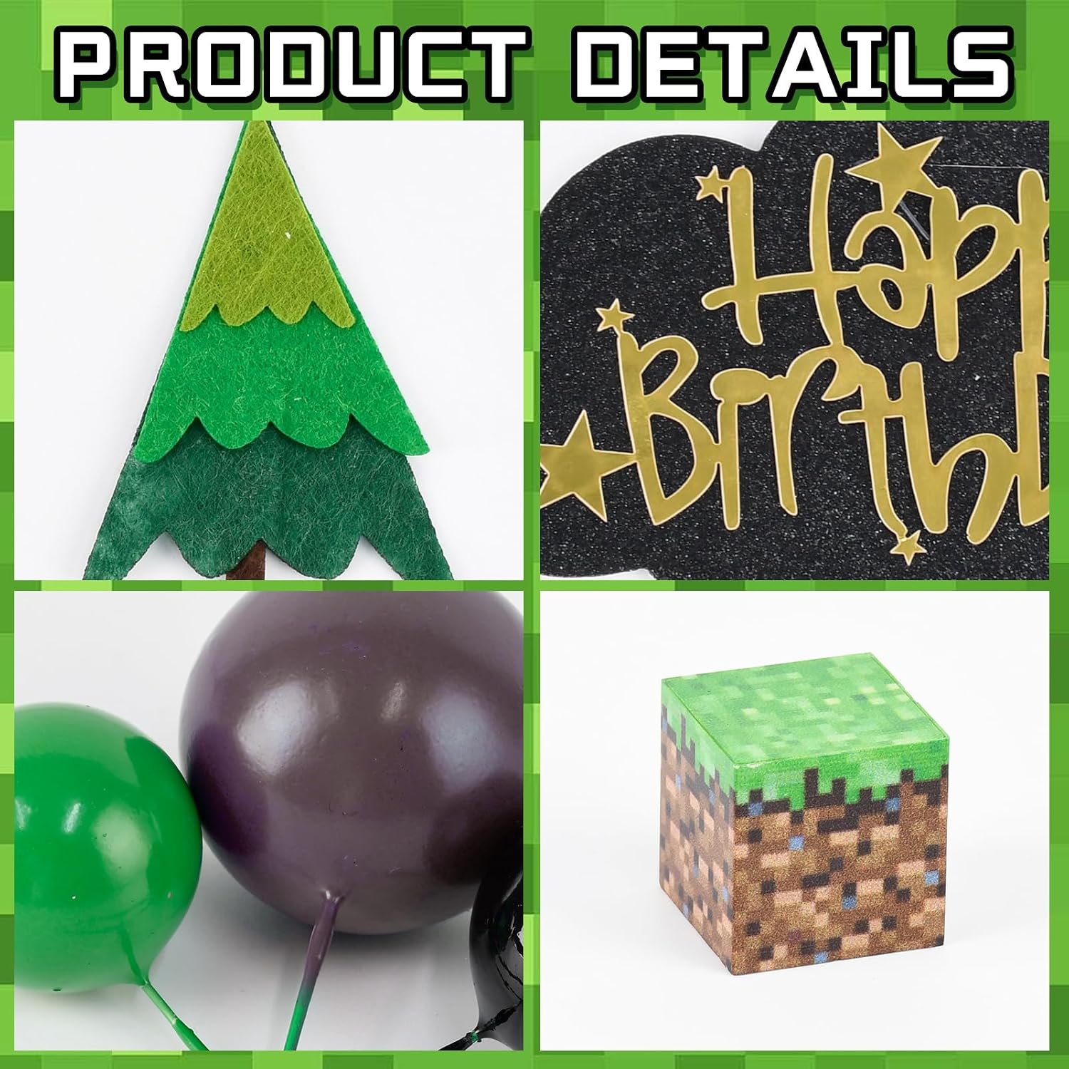 25 Pcs Pixel Cake Topper Set, Birthday Candles Number 8 Mosaic Cartoon Cake Decorations with Green Gray Black Balls, Pixel Themed Cake Decor for Supplies Halloween Decor Block Game Party image 3