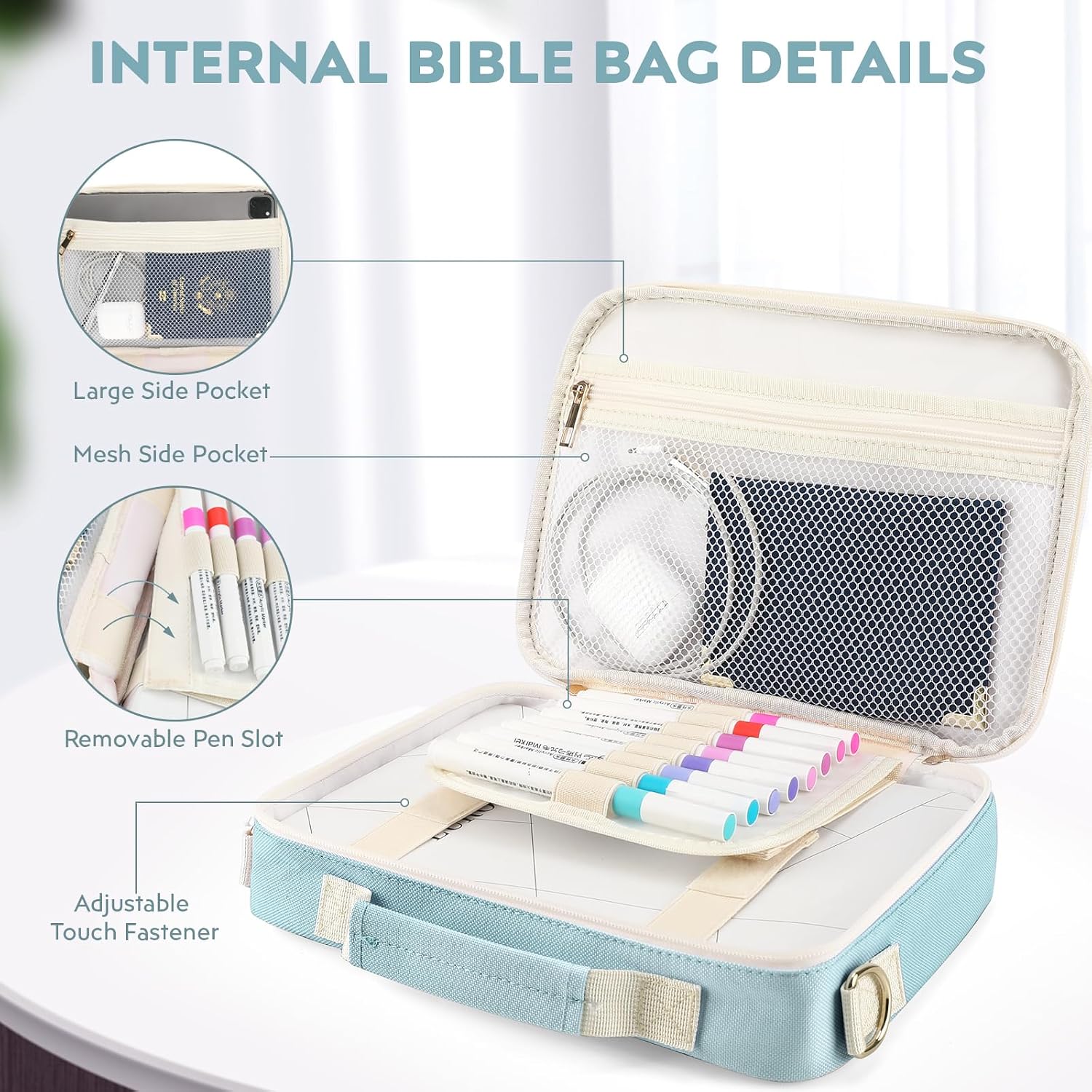 Bible Cover Case for Women Grils, Preppy Bible Bag with Adjustable Shoulder Strap, Waterproof Bible Carrying Tote Bags Holder for Bible Study Supplies Accessories & Christian Gifts (Blue) image 5