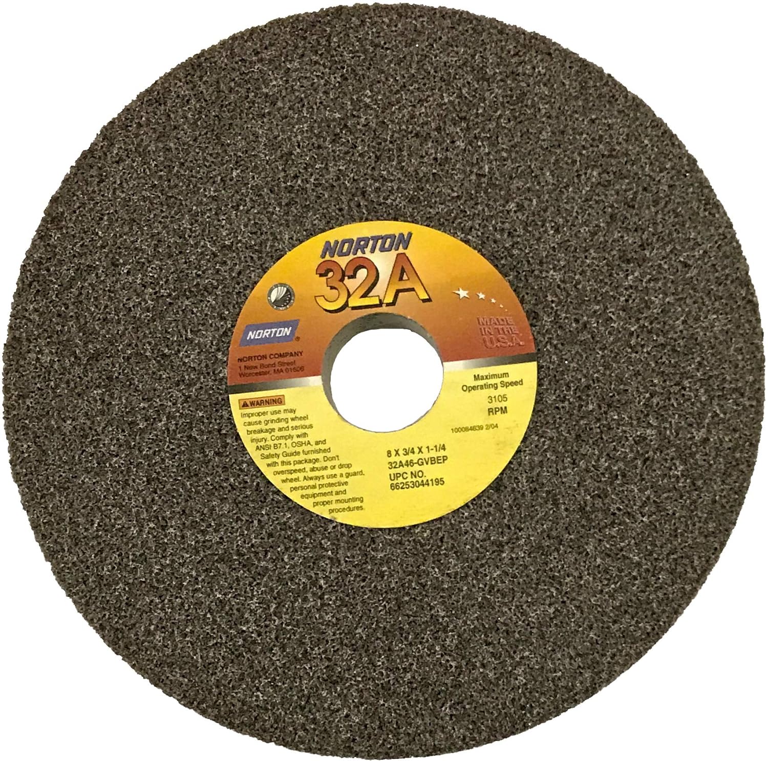 Norton 8 Inch Diameter Type T-1 Vitrified Straight Grinding Wheel, 1-1/4 Inch Arbor, 3/4 Inch Thick, G Hardness, 46 Grit, 32A Grain Structure
