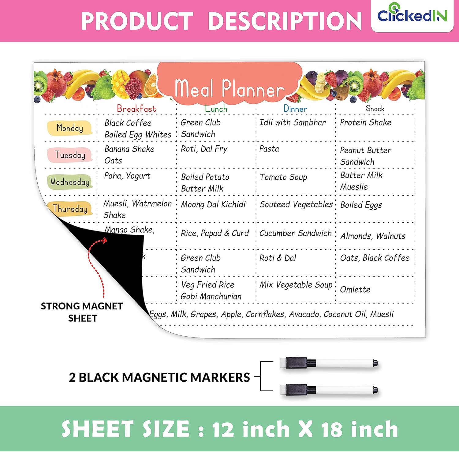 Smart Magnetic Weekly Meal Planner for Whole Week Attractive Design, Covers All Days with Grocery Planner with 2 Dry Erase Marker(18 * 12 inch)