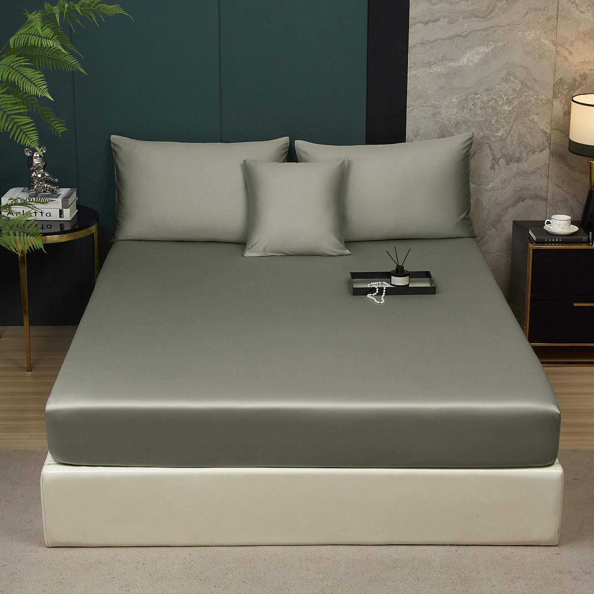 Luofanfei Bambus Lyocell Spannbettlaken 90x200cm Grün Salbeigrün Boxspringbett Frottee Topper Glänzend Bambusfaser Bettlaken Spannbetttuch 90 x 200 Uni Spannbetttücher für Hohe Matratze bis 25-30 cm