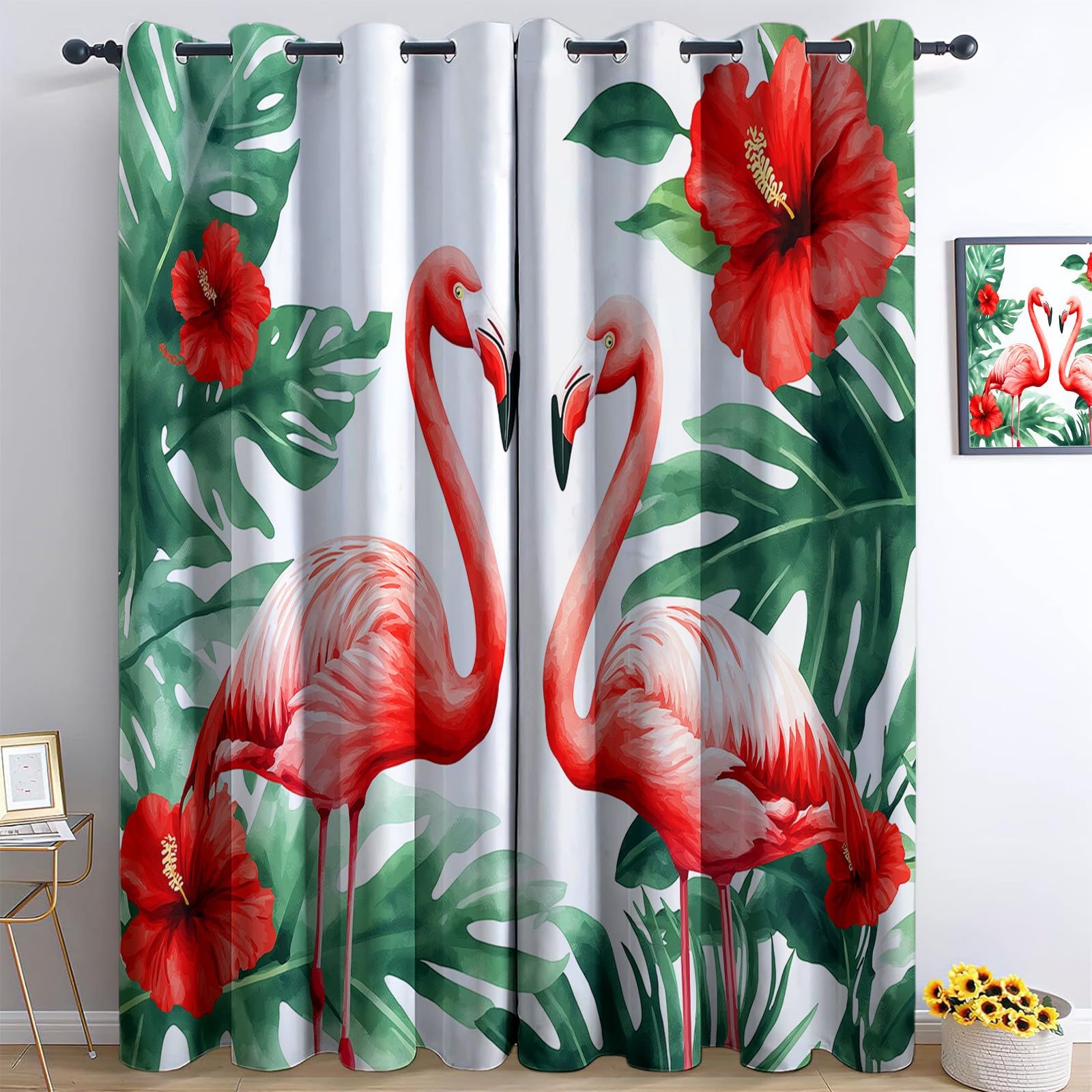 White Blackout Curtains Watercolor Flamingo Tropical Leaves 36” W x 84” L x 2 Panels 3D Eyelet Thermal Insulated Curtains, for Kids Teens Boys Girls Bedroom Playroom