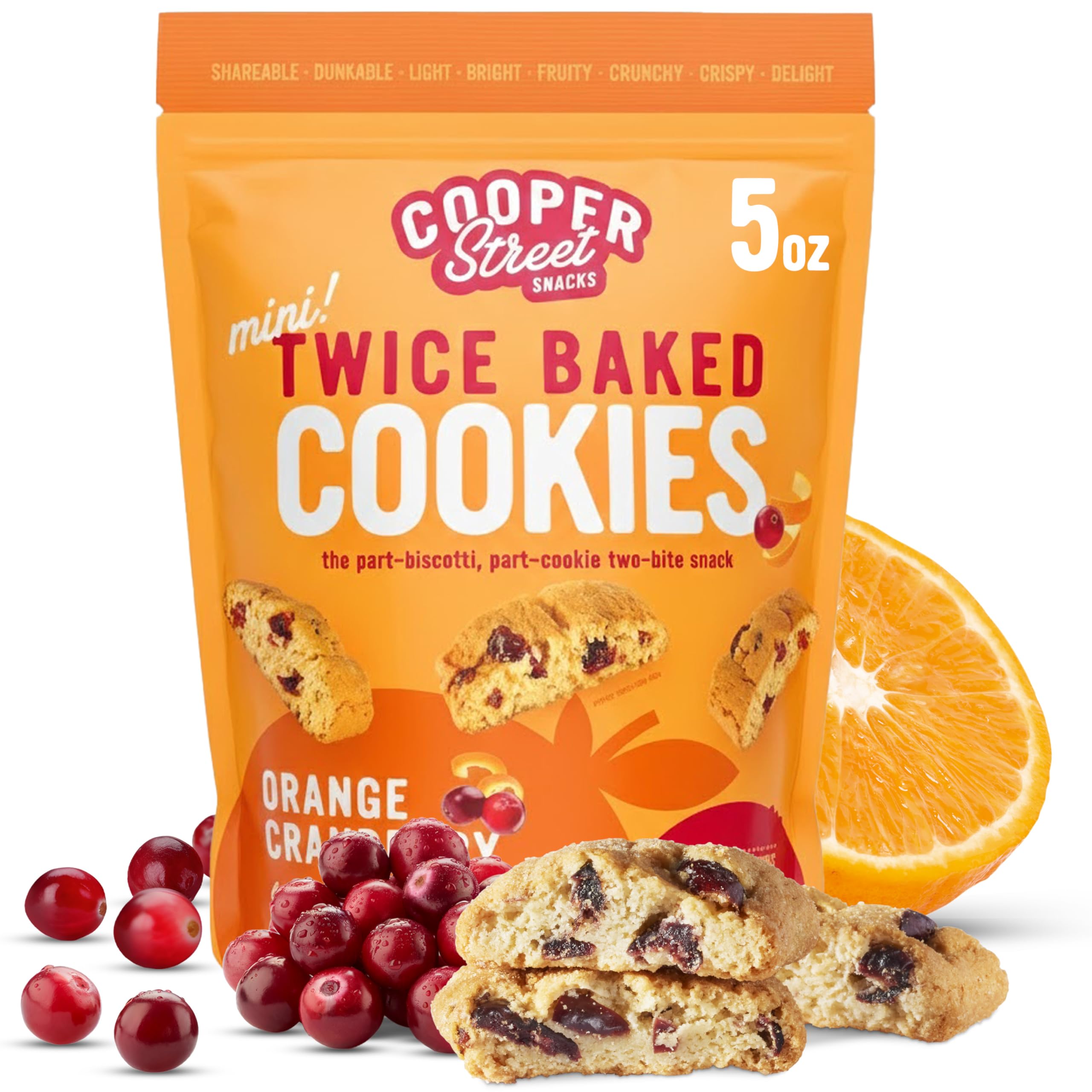 Cooper Street Twice Baked Orange Cranberry Biscotti Cookies - Light and Crispy Coffee Cookie Bites - Traditional Low Calorie Italian Snacks for Adults & Kids - Kosher, Dairy, Peanut & Soy Free - 5oz