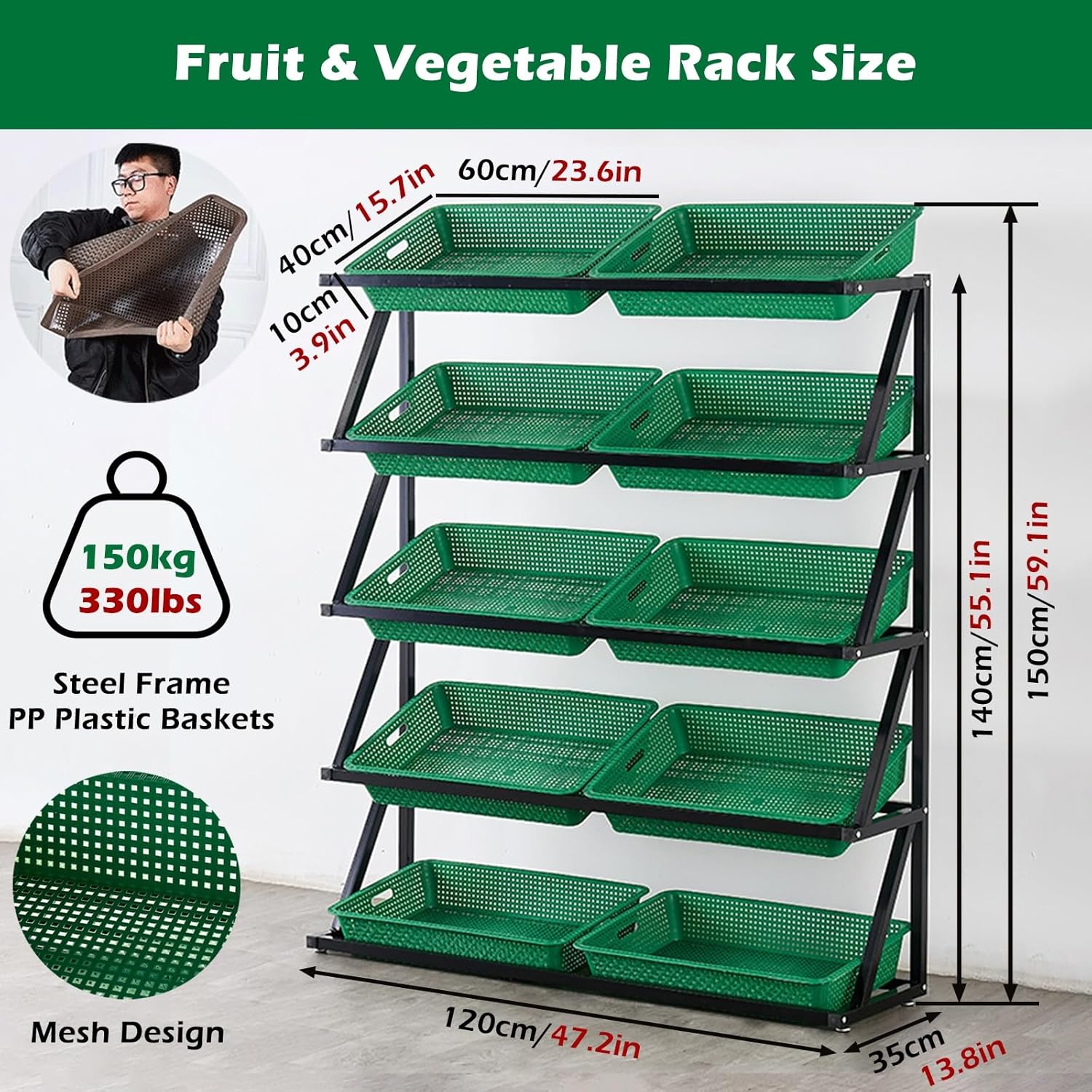 Retail Display Rack, Steel Supermarket Display Rack 4 or 5 Tier Green Fruit Vegetable Snack Organizer Pantry Shelf(5tier)