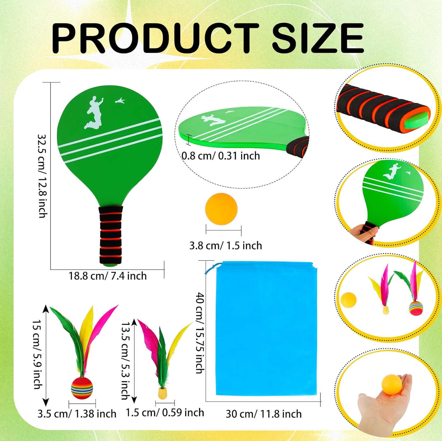3 Set Beach Paddle Ball Sets Including 6 Paddles 15 Fast Birdies 4 Slow Birdies 6 Ping Pong Balls 3 Drawstring Bags Outdoor Sports Game for Kids Teens Adults Beach Backyard Park Lawn Party Supplies