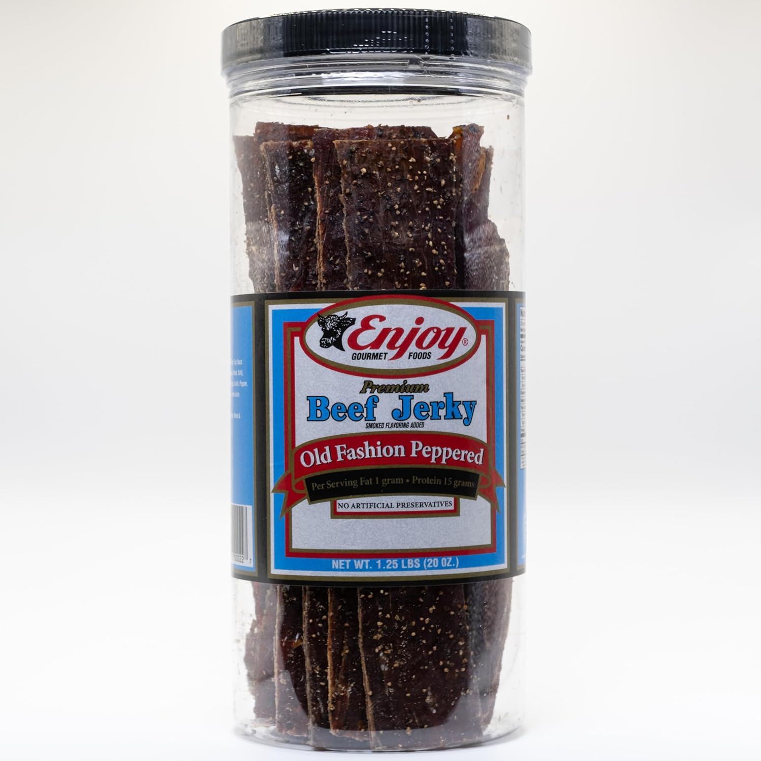 Enjoy Old Fashion Peppered Beef Jerky 20 oz Jar (Pack of 1) | 32 Count | Traditional Style | High Protein | Low Fat | No Trans Fat | No Preservatives | No MSG | No Nitrites | USA Made | Resealable Jar